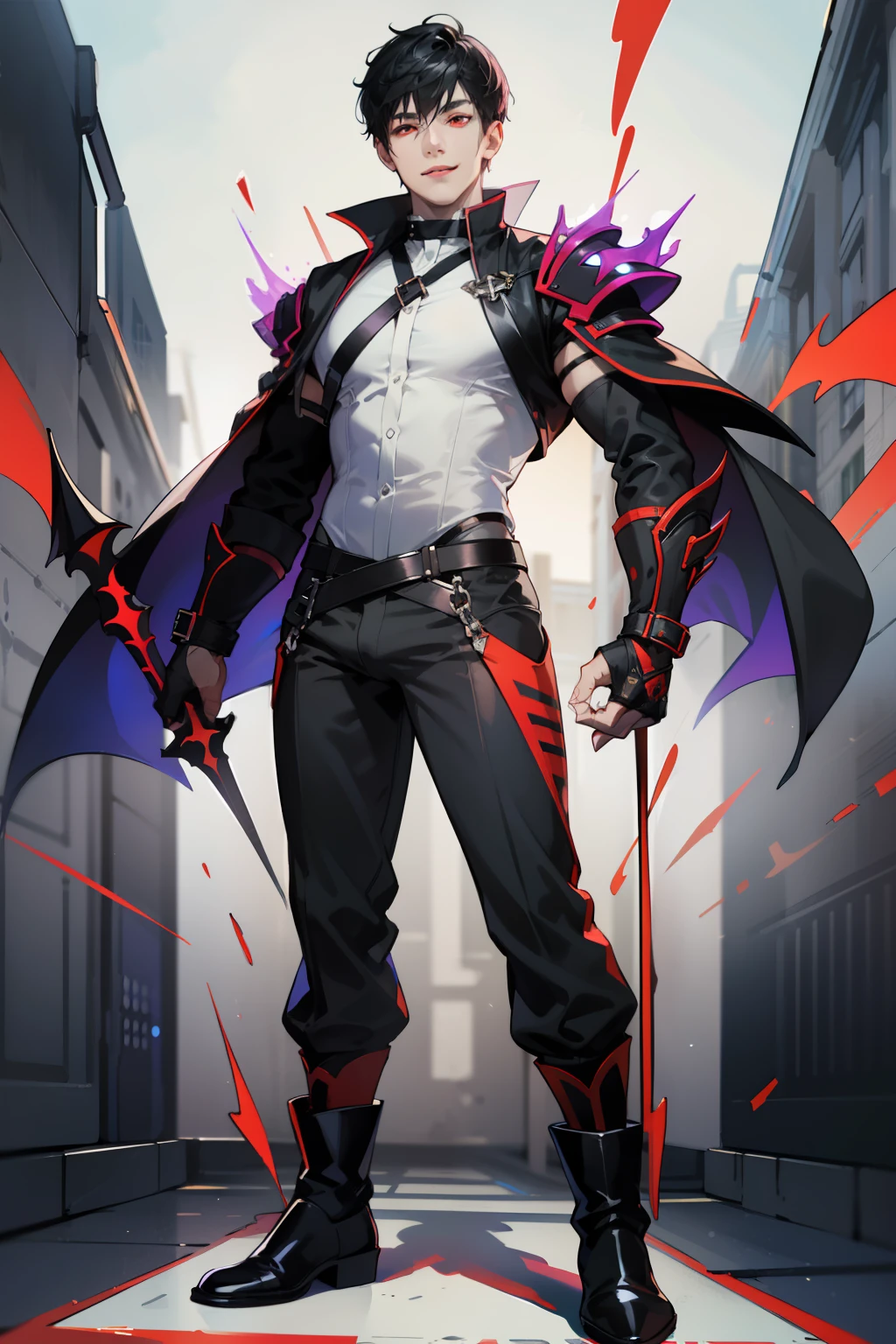 Valus is an ordinary demon standing at 1.75m tall. He has short black hair and red eyes. His skin is pale. He wears a black uniform with a white shirt underneath and black boots. Big bulge in pants. Flirty smile