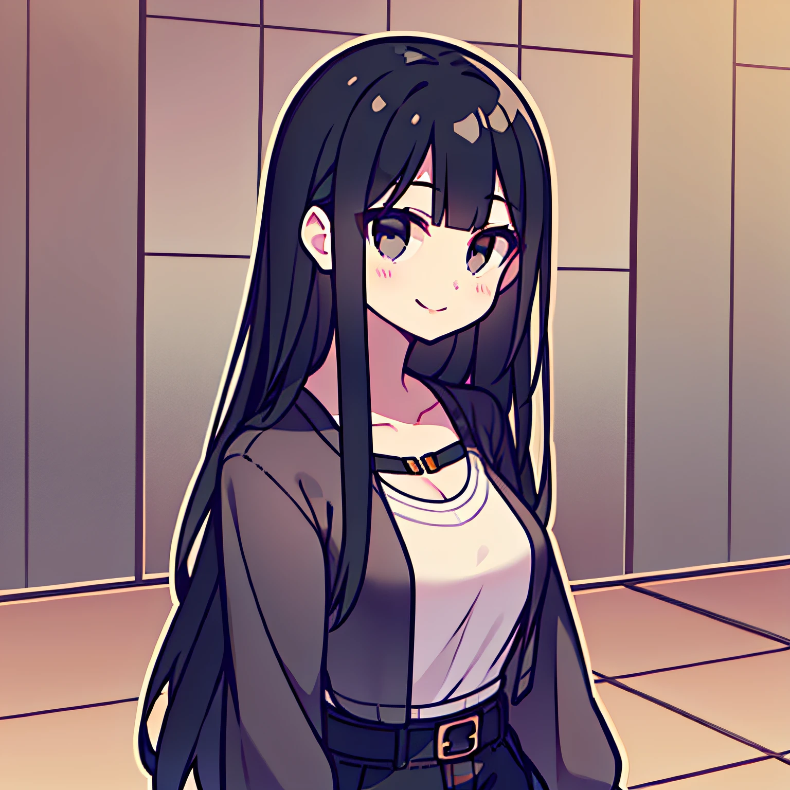 a pregirl,black hair longhair,ssmile,Black colored eyes,everyday clothes