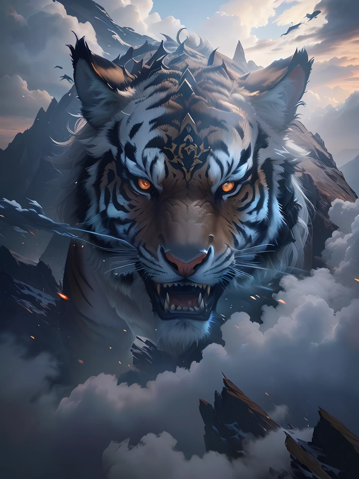 Tiger in clouds with sky background, 4k highly detailed digital art, tiger of fire flying, 4K detailed digital art, trending on artstation 4k, fierce expression 4k, Tiger_beast, highly detailed vfx portrait of, Movie 4K wallpaper, Movie 4K wallpaper, epic digital art illustration, 3D rendering and mask painting There is a great white dragon with red eyes in the sky, a dragon made of clouds, cloud in the shape of a dragon, Dragon in the sky, chinese dragon concept art, dragons flying in the sky, dragons flying in the sky, giant dragon flying in the sky, by Yang J, drak, dragon portrait, Ryujin, colossal dragon as background,misterious,Mountain and Sea Sutra,Exotic beasts