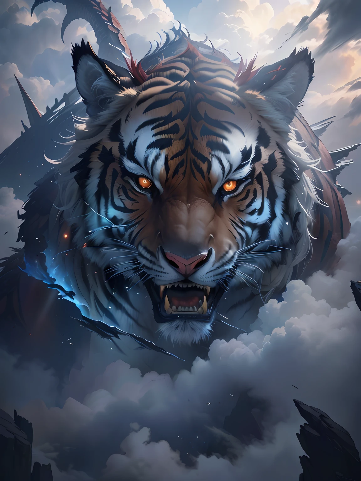 Tiger in clouds with sky background, 4k highly detailed digital art, tiger of fire flying, 4K detailed digital art, trending on artstation 4k, fierce expression 4k, Tiger_beast, highly detailed vfx portrait of, Movie 4K wallpaper, Movie 4K wallpaper, epic digital art illustration, 3D rendering and mask painting There is a great white dragon with red eyes in the sky, a dragon made of clouds, cloud in the shape of a dragon, Dragon in the sky, chinese dragon concept art, dragons flying in the sky, dragons flying in the sky, giant dragon flying in the sky, by Yang J, drak, dragon portrait, Ryujin, colossal dragon as background，misterious，Mountain and Sea Sutra，Exotic beasts