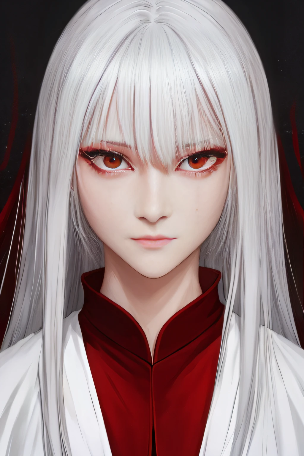 A white-haired female 25 year old with red eyes and a white robe, she crying --auto