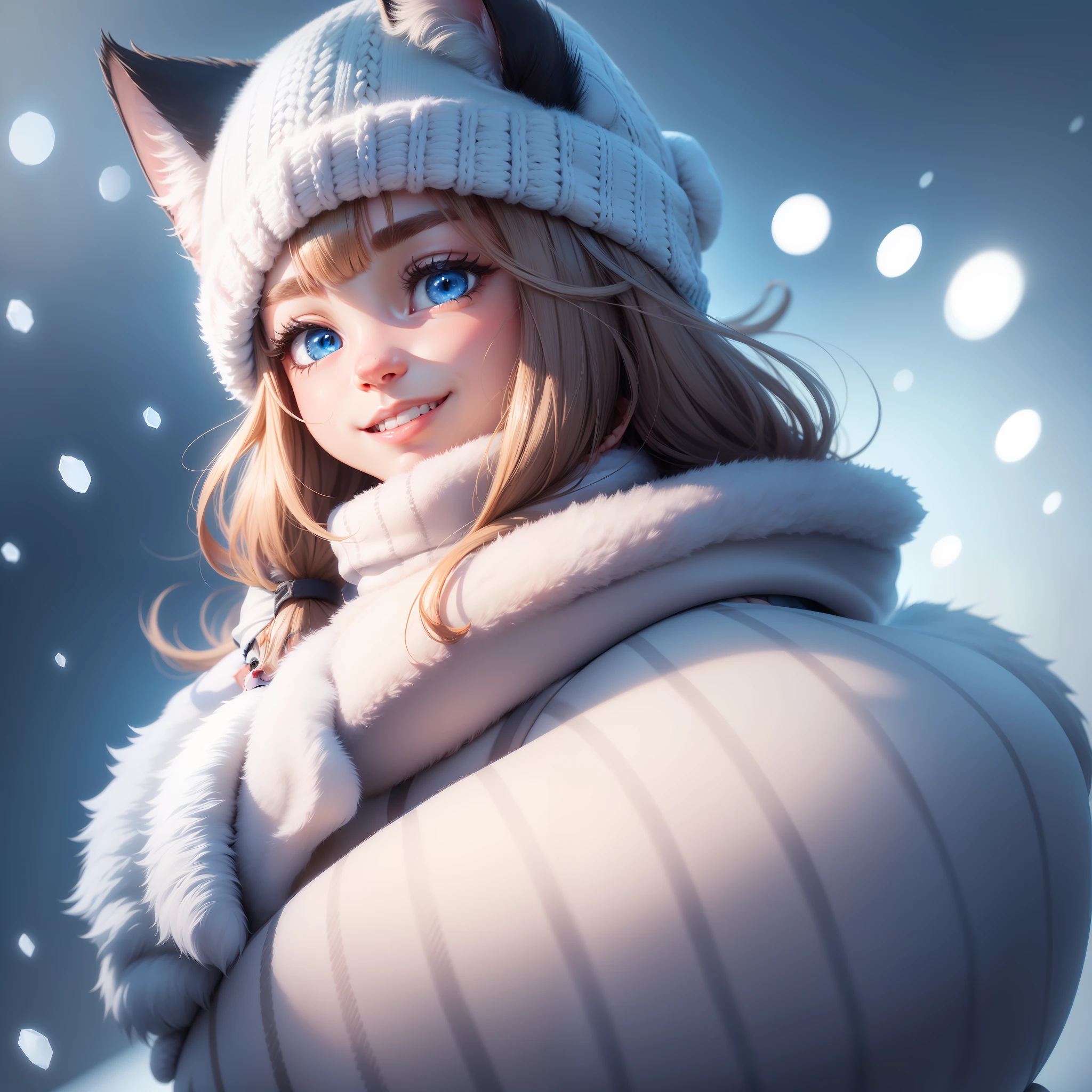 A cat with big ear, winter cap on head,cute,smile,cute, animation,blue eyes, ultra 8k resolution