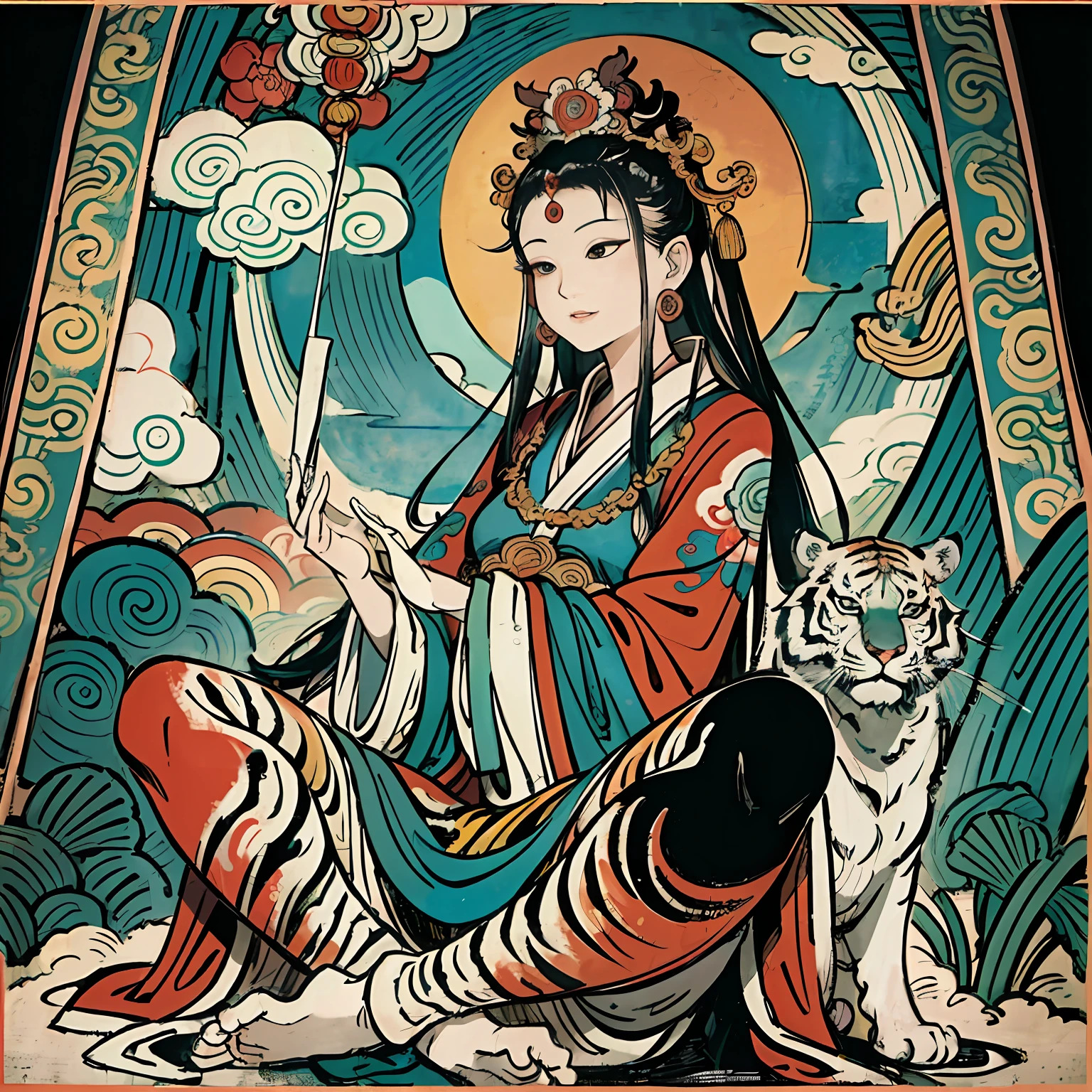 an ancient Chinese goddess, guanyin of the southern seas, Guanyin, Inspired by India, Avalokiteshvara rides a tiger，,Serene expression,shui mo hua,Buddha,Buddhist,Lotus,Chinese painting style,Thangka style