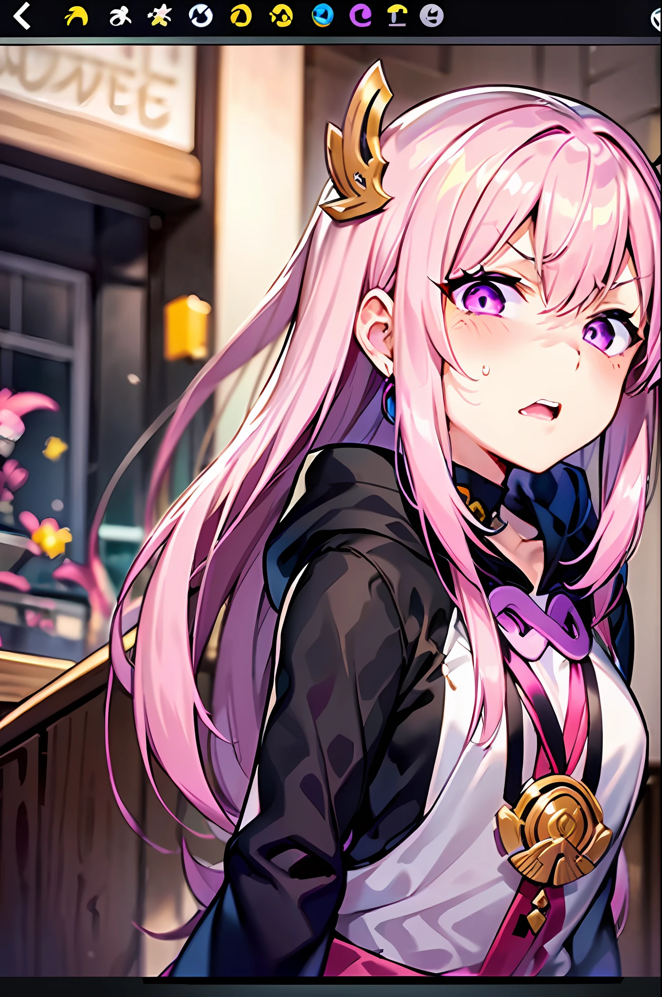 Yae miko  pink hair and purple eyes in a black hoodie, anime visual of a cute girl, screenshot from the anime film, & her expression is solemn, ahegao face, in the anime film, in an anime, anime visual of a young woman, she has a cute expressive face, still from anime
