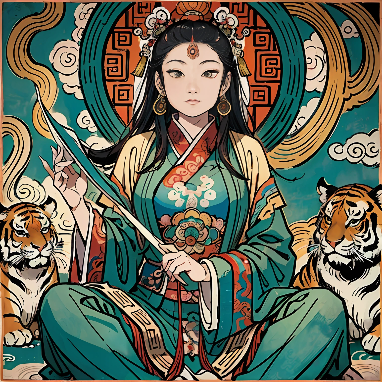 an ancient Chinese goddess, guanyin of the southern seas, Guanyin, Inspired by India, Avalokiteshvara rides a tiger,,Serene expression,shui mo hua,Buddha,Buddhist,Lotus,Chinese painting style,Thangka style