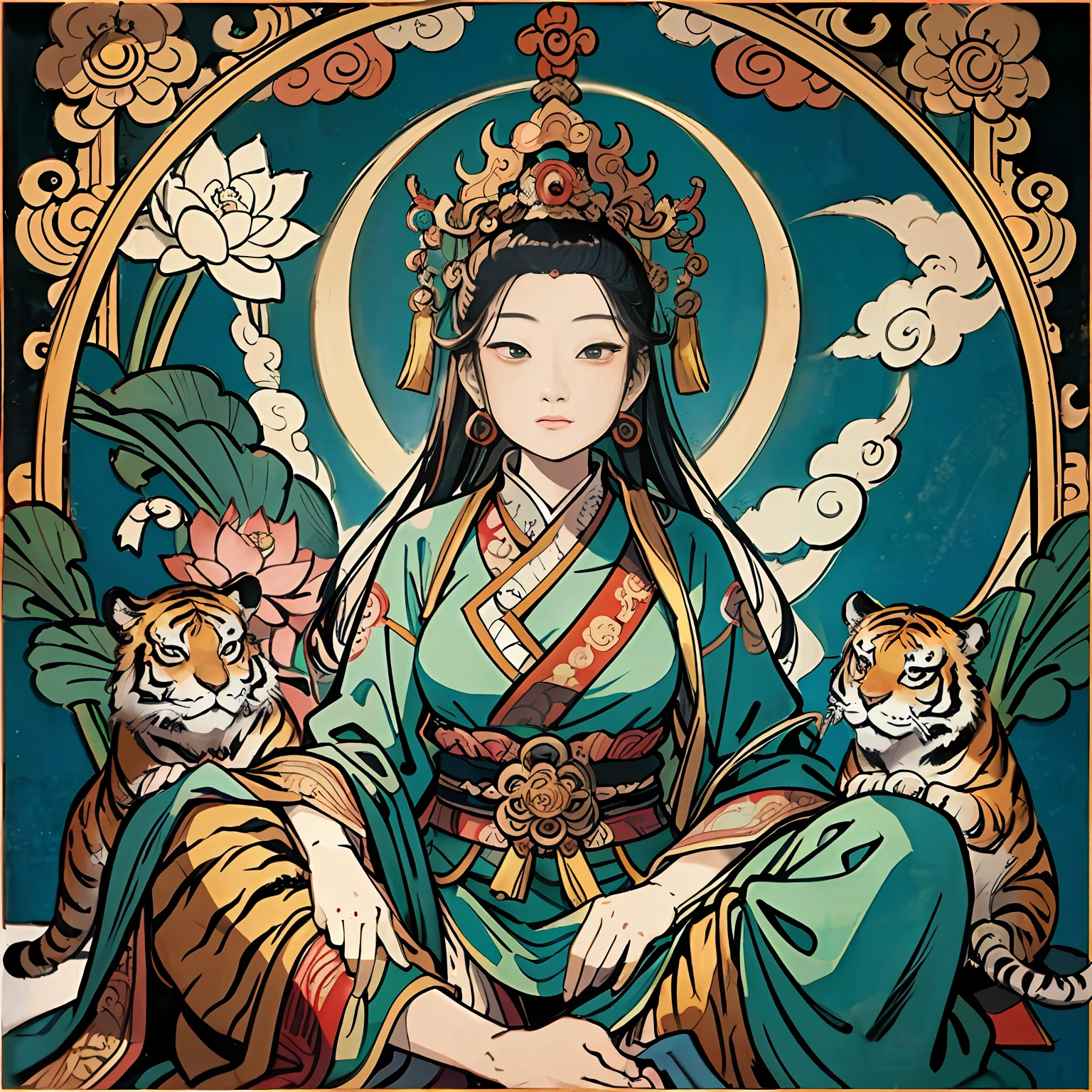 an ancient Chinese goddess, guanyin of the southern seas, Guanyin, Inspired by India, Avalokiteshvara rides a tiger,,Serene expression,shui mo hua,Buddha,Buddhist,Lotus,Chinese painting style,Thangka style