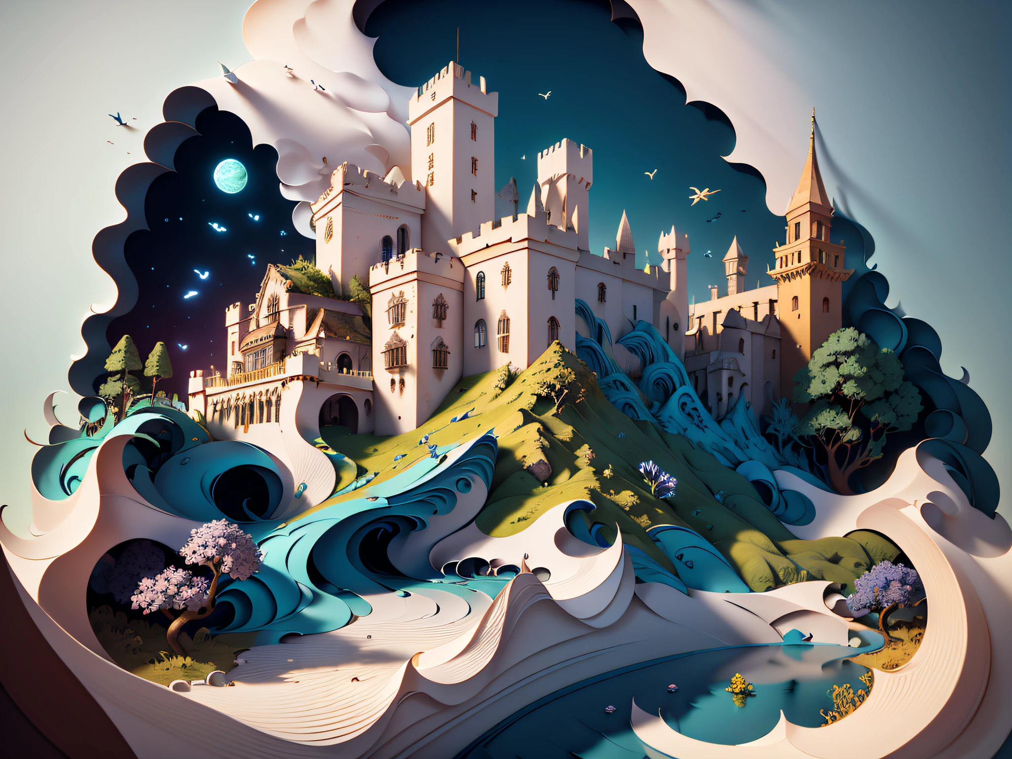 (((masterpiece))),best quality, illustration, best quality exquisite details,3d rendering,Octane render, paper_cut. Beside a pumice isle in Baiae's bay, And saw in sleep old palaces and towers, Quivering within the wave's intenser day, All overgrown with azure moss and flowers. Ode to the West Wind BY PERCY BYSSHE SHELLEY