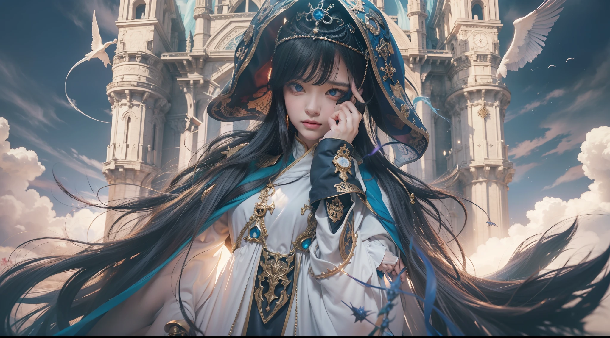 Above the rising clouds,Night, Dark, (Fantasy),infinite,deep blue sky,The abyss of knowledge,Cowledge,((masutepiece)), (((Best Quality))),((Beautiful fine eyes)),(Eye lashes)、Realistic clouds、Very beautiful face、The ultra -The high-definition、high fantasy castle、Beautiful girl with a huge golem、(1人)、Black hair、The long-haired、abyss eyes、glowy skin、oils、small tits、Perfect human body structure、Wizard robes、der riese、tattered cloth、Realistic coat、Tee、Super delicate CG Unity 32k wallpaper、photoRealstic、masterpiece, ((ultra-detailliert)), ((illustratio)),colourfull,wall-paper,The energy,Unknown terror,Incomprehensible,Around the magic,Magical surroundings,magic wands,Boken,Flying pages,Know everything,Predict the future、Get to know the past、Infinite wisdom、blue flames、Warlock、magic circles、Pentagram、Spells、mantra、Singing magic
