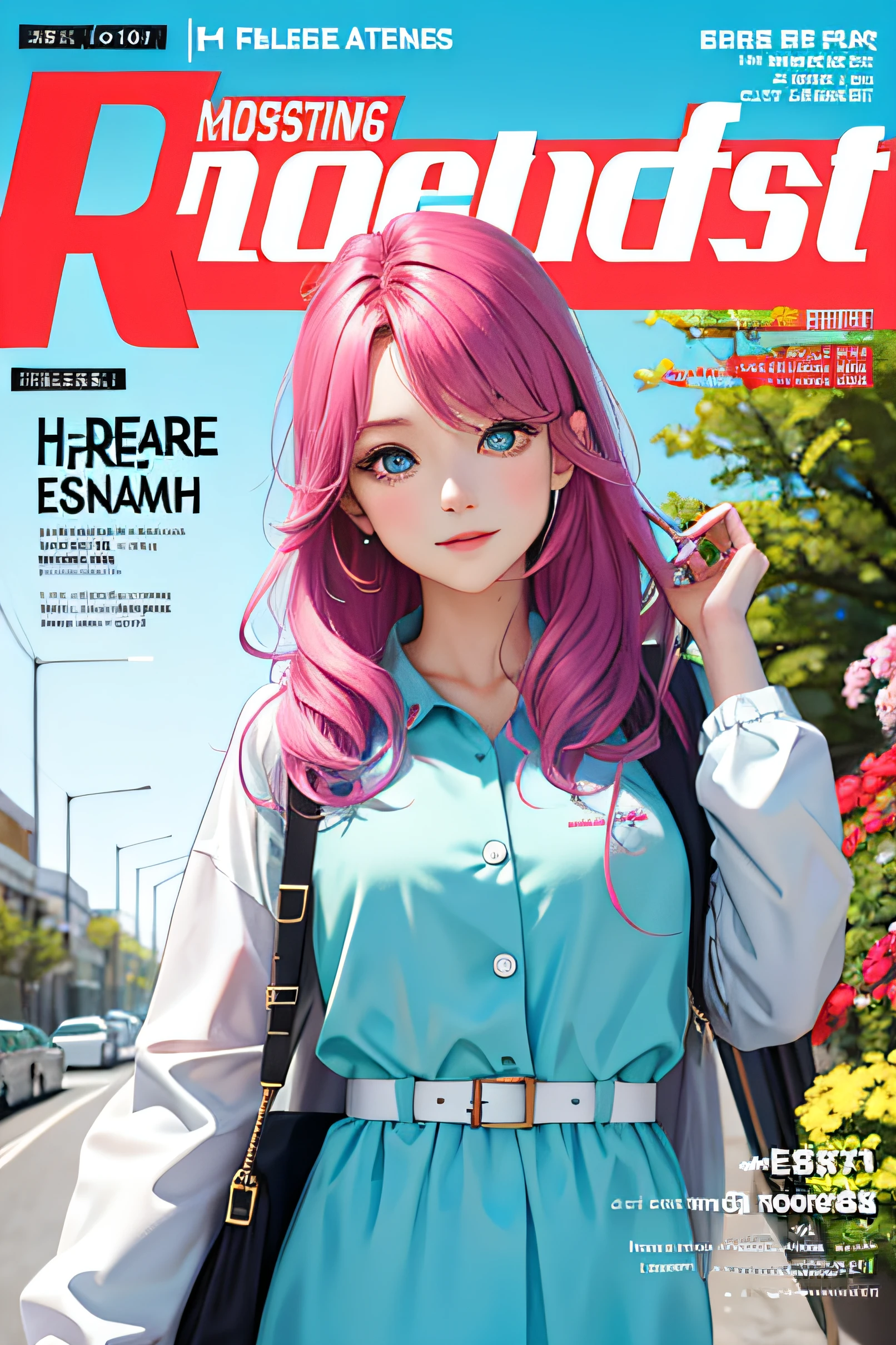 masterpiece, best quality, spring outfit, colorful hair, outdoor, magazine cover ,upper body,