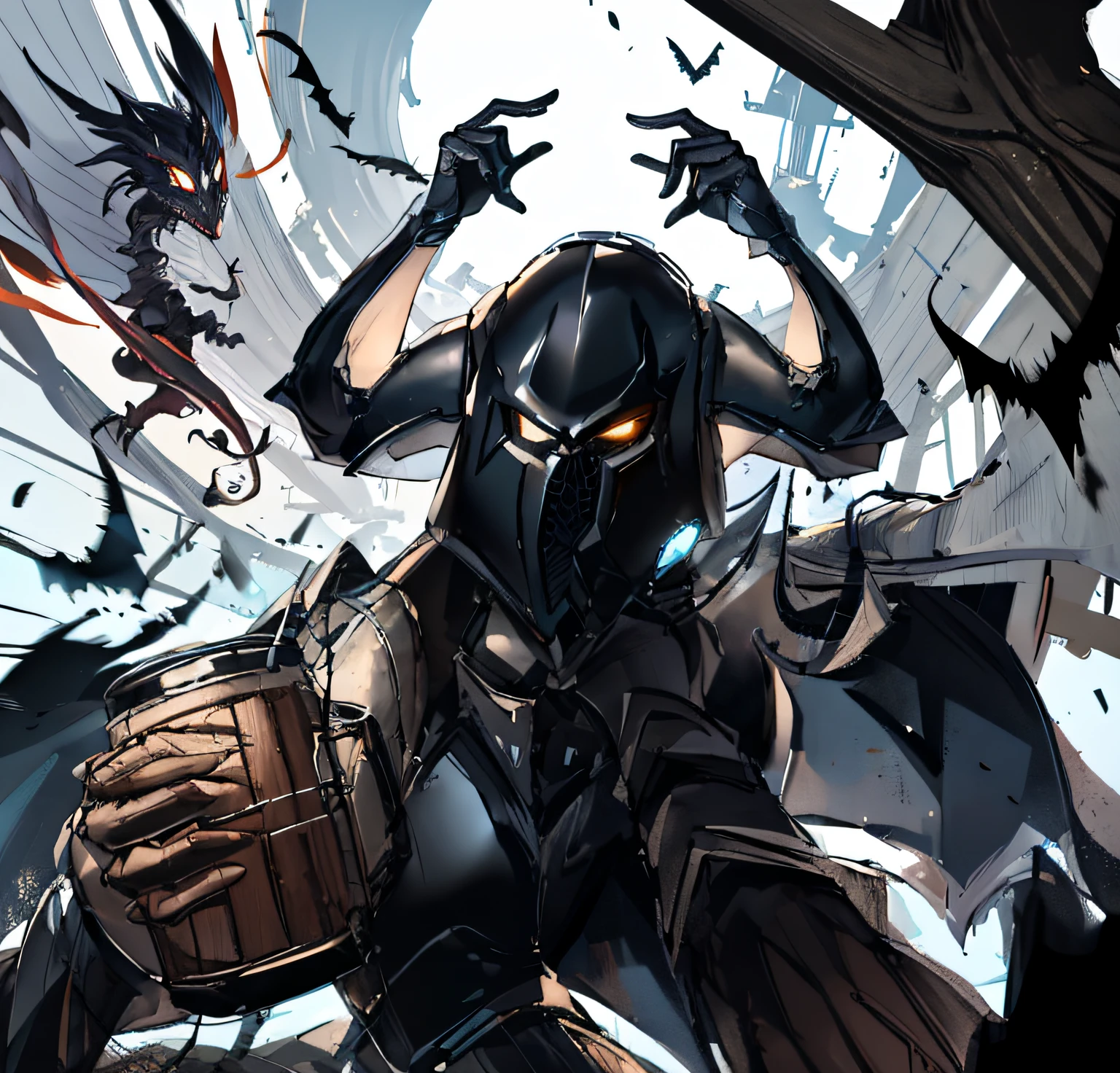 A dark knight in black armor holds a wood in his hand and takes off his helmet with one hand，