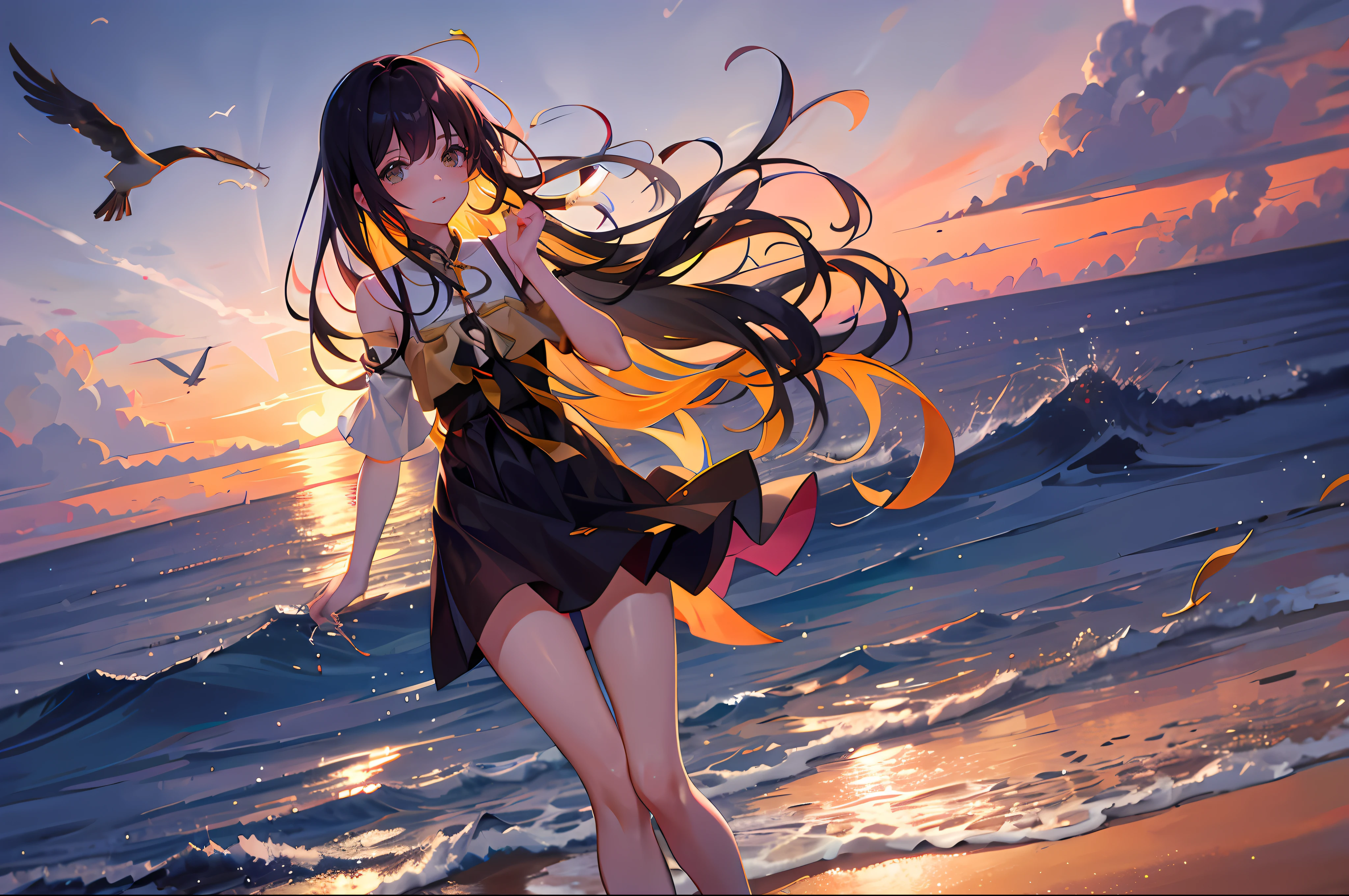 Absolutely mesmerizing sunset,The sky is mixed with orange、Pink and yellow。The sea is crystal clear,Kissing the shore tenderly,The scene is full of movement,breath-taking,Seagulls soar high in the sky,Palm trees sway gently。Soak up the calm atmosphere,Let tranquility envelop you,Water and sky,Floating light leaps gold