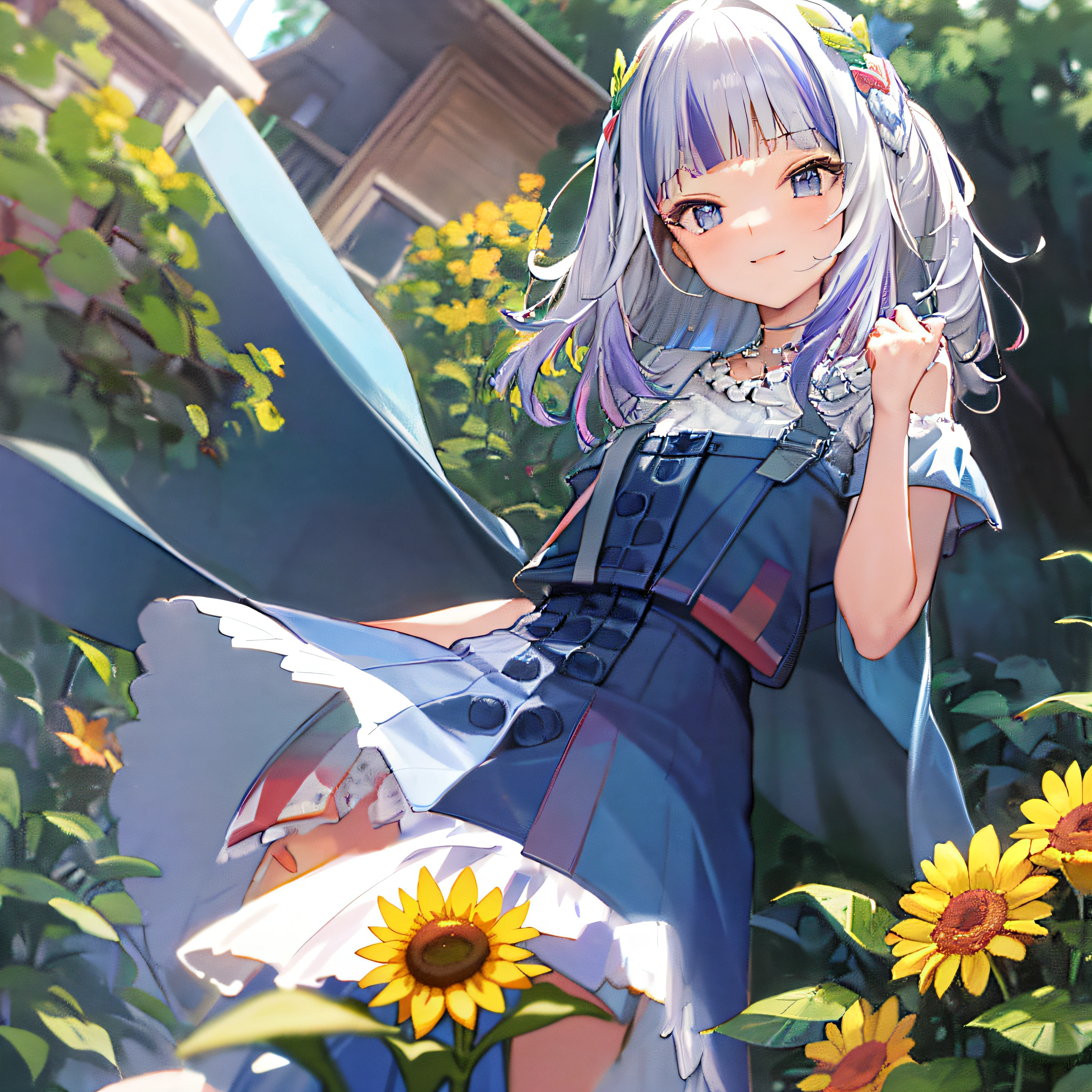 Anime girl in blue dress standing in front of garden, loli in dress, anime visual of a cute girl, high detailed official artwork, anime moe art style, small curvaceous loli, beautiful sunflower anime girl, Splash art anime Loli, Official artwork, cute anime waifu in a nice dress, clean and meticulous anime art, author：Shitao, offcial art