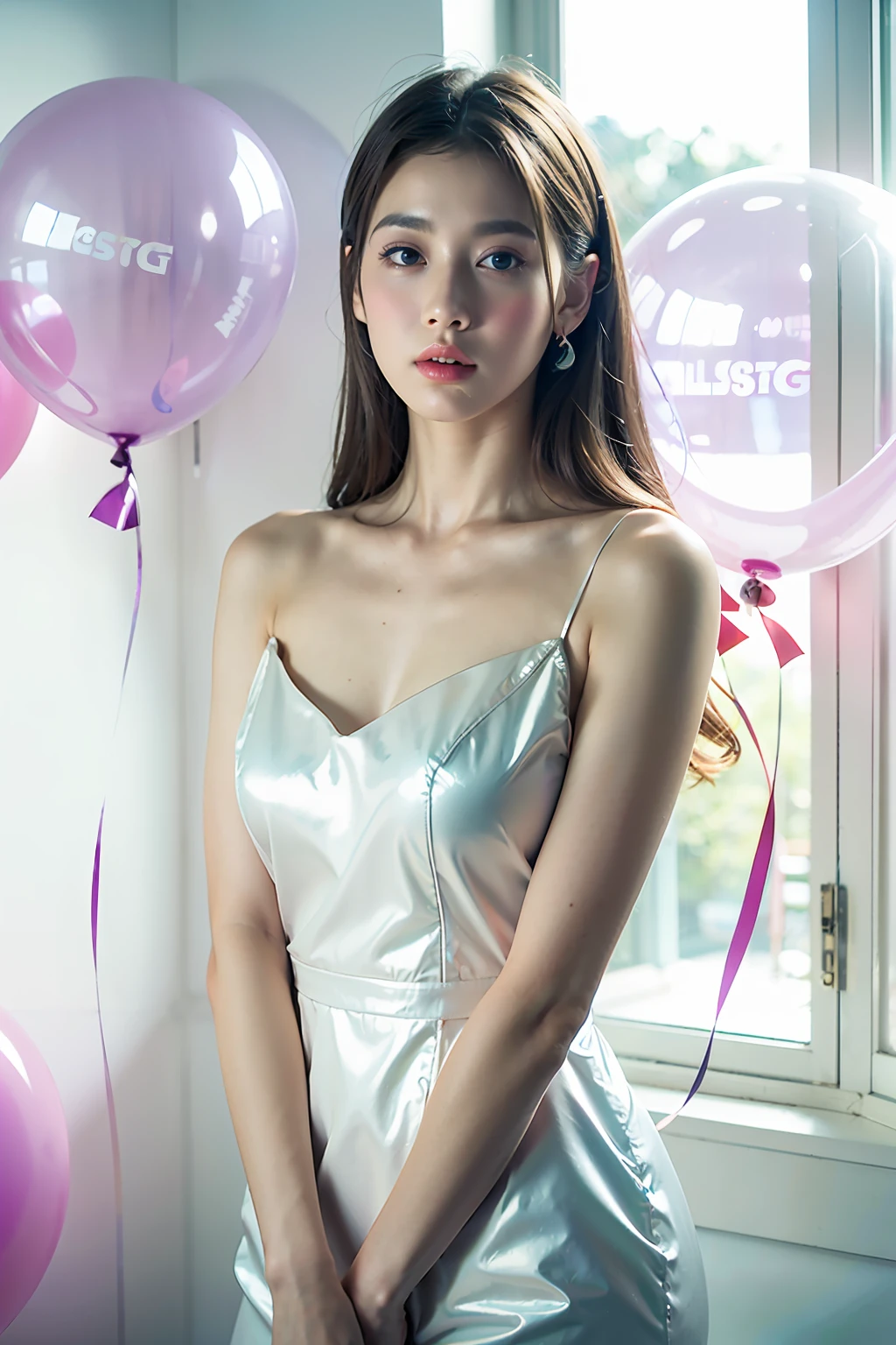 (MASTERPIECE:1.2),(CGI ART:1.3),(REALISTIC:1.5),(POST PROCESSING:1.3),(SHARP FOCUS:1.3),8K,1 girl in bedroom, ((UPPER BODY)), ((white dress)), (((shiny skin))), (wide shot:1.4), window,  (((Pastel balloons MESS IN BACKGROUND))), (high shadows detail) , (ILLUSTRATION:1.2), (ulzzang-6500:1.0), ((HDR)),