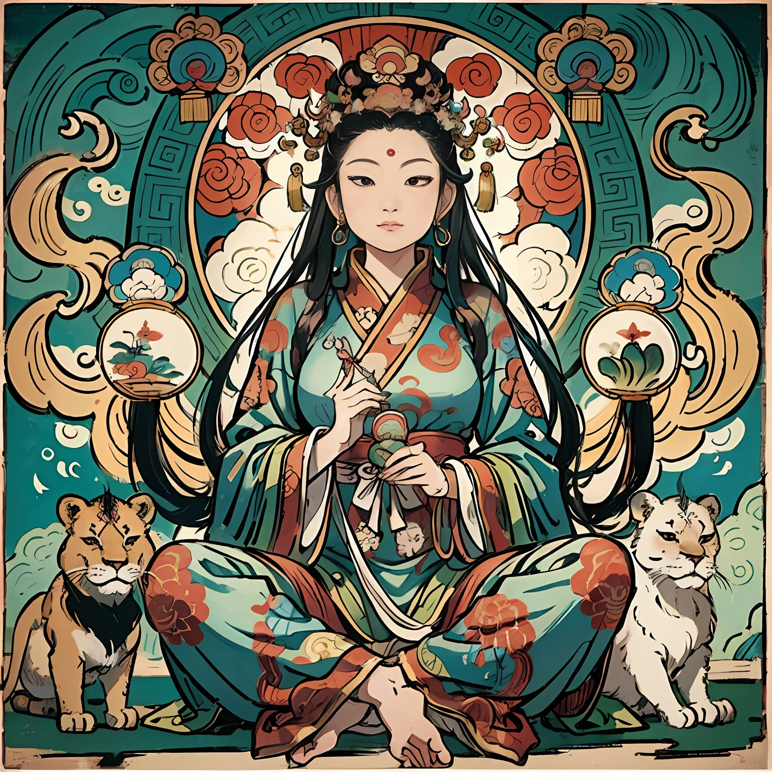an ancient Chinese goddess, guanyin of the southern seas, Guanyin, Inspired by India, Avalokiteshvara rides a lion,,Serene expression,shui mo hua,Buddha,Buddhist,Lotus,Chinese painting style,Thangka style