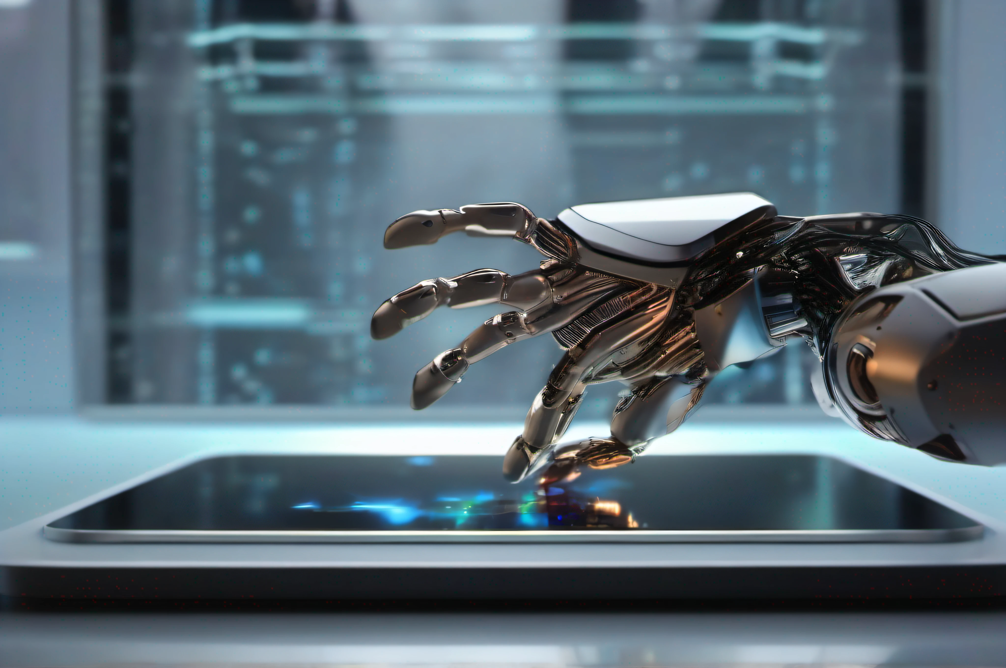 The robot touches the computer's huge transparent holographic display with its finger, superfine, 8K, k hd, Depth of field, Nikon D850, Ultra-realistic, no contrast, sharp and clear focus, professional, No blurring