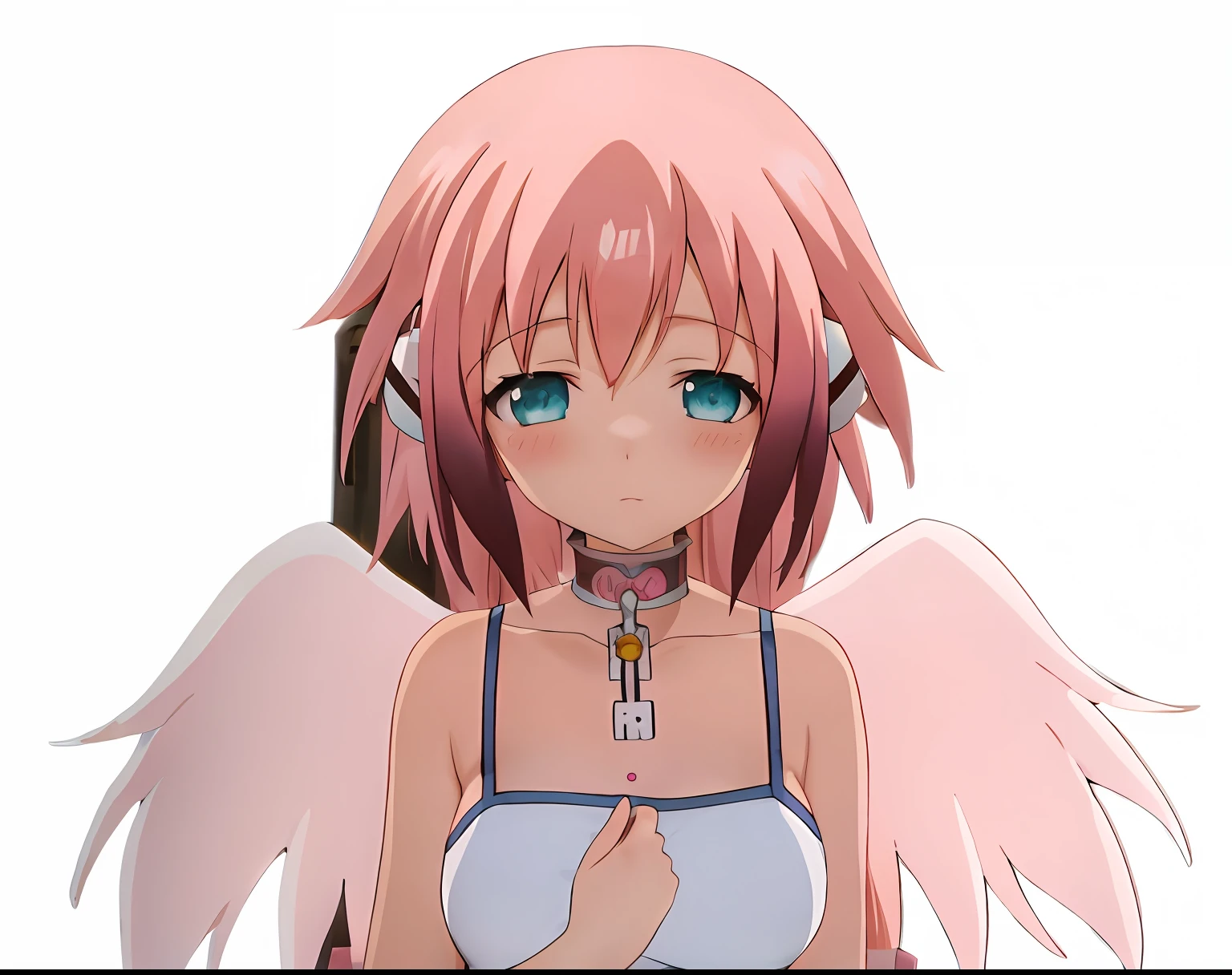 Anime girl holding cell phone with pink hair and angel wings, pink twintail hair and cyan eyes, anime girl named lucy, anime moe art style, Sakura Kinomoto, Anime Stylization, wearing angel halo, render of a cute 3d anime girl, made with anime painter studio, madoka kaname, sakura haruno, render of april, Anime goddess