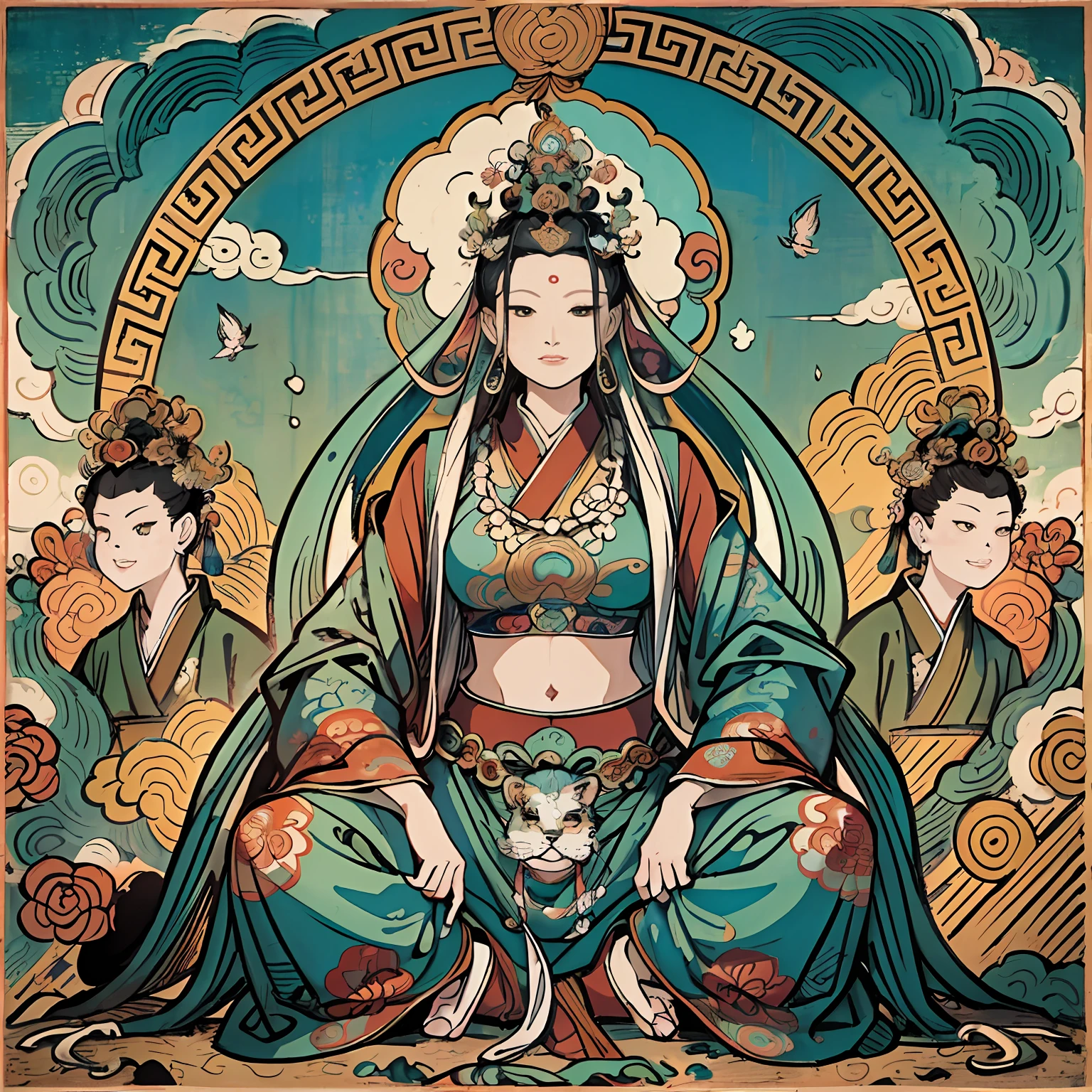 an ancient Chinese goddess, guanyin of the southern seas, Guanyin, Inspired by India, Avalokiteshvara rides a lion,,Serene expression,shui mo hua,Buddha,Buddhist,Lotus,Chinese painting style,Thangka style
