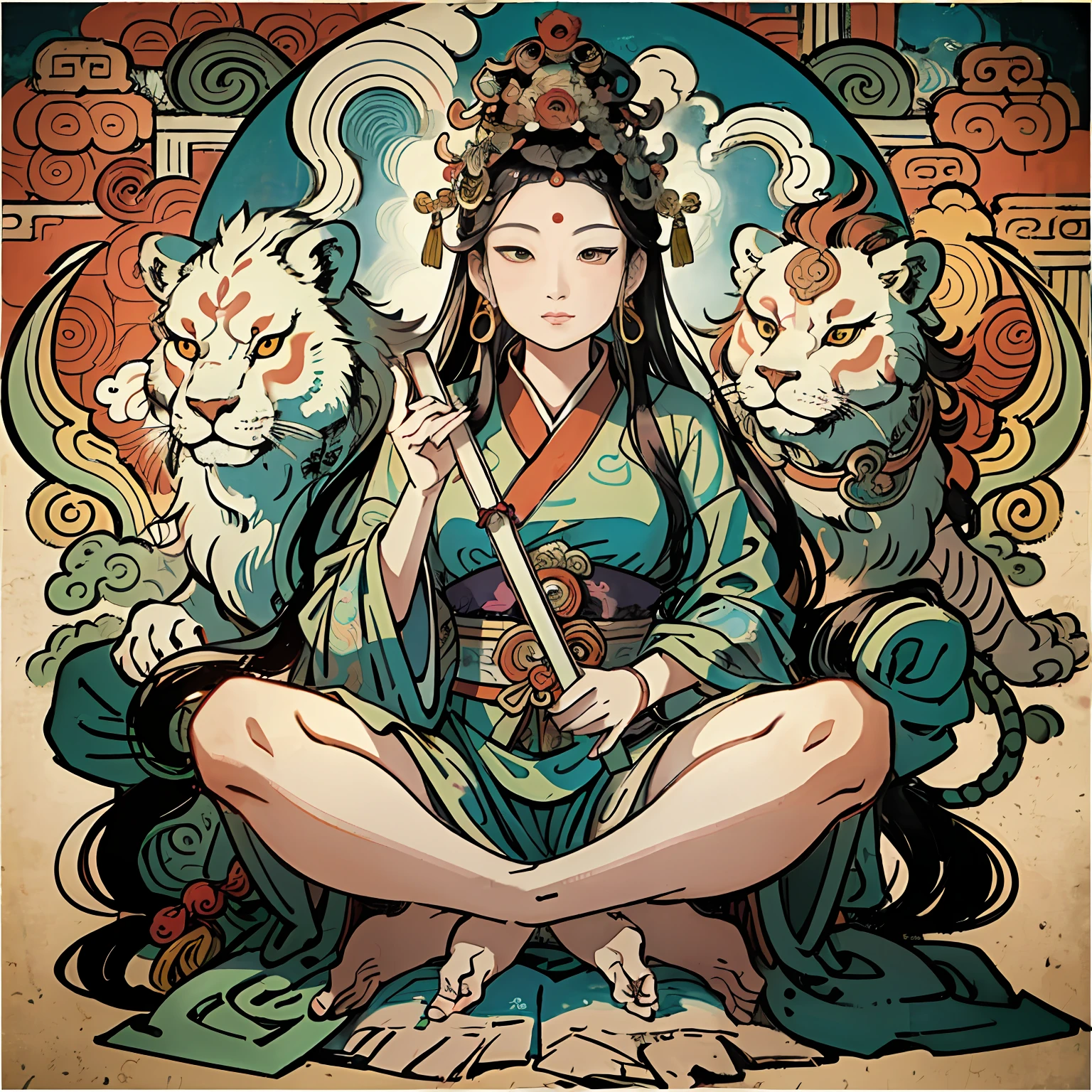an ancient Chinese goddess, guanyin of the southern seas, Guanyin, Inspired by India, Avalokiteshvara rides a lion,,Serene expression,shui mo hua,Buddha,Buddhist,Lotus,Chinese painting style,Thangka style