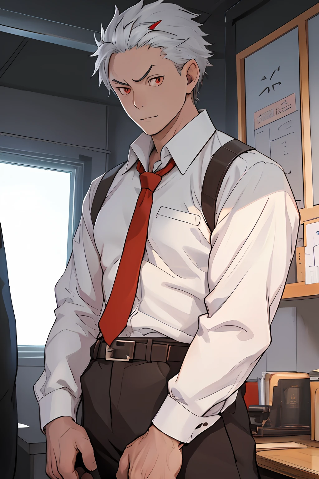 (1 Adult male),A high resolution, Sharp focus, Pixiv masterpiece, ((Complicated details)), highly detailed, natsuki_subaru, 1 man, serious,full bodyesbian,Red eyes(eyes glowing), with short white hair,white shirt,Wear a tie,Wear a belt,perspire,look from down