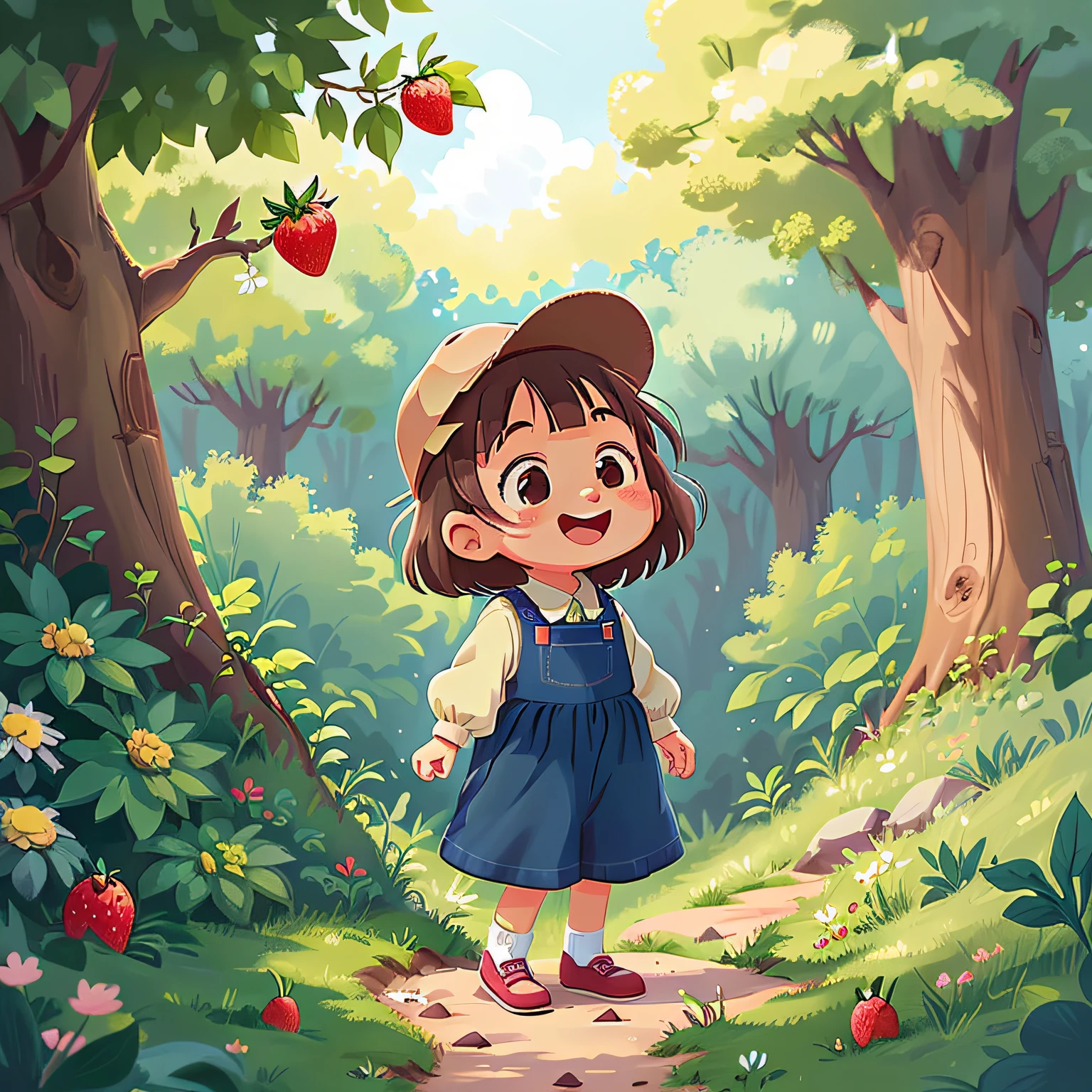 Happy child girl. Bucolic style. Women's children's clothing. Smooth color. Simple art. Ghibli studio style. Strawberry character style.