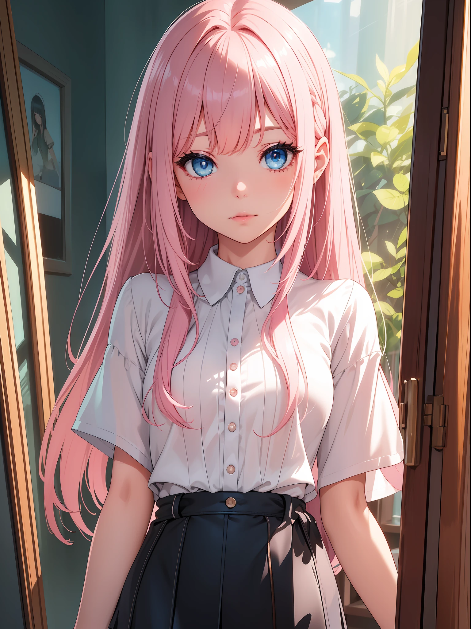 Top quality ultra-detailed CG art、Upper body naked、pupils on：１.２）Pink head、Glossy hair、smooth hair、large blue eyes,Mid summer、Delicate body、cheerful girl、Tying hair、、bob cuts、vertical stripes、Art Room、Painting、student clothes、shortsleeves、a miniskirt、