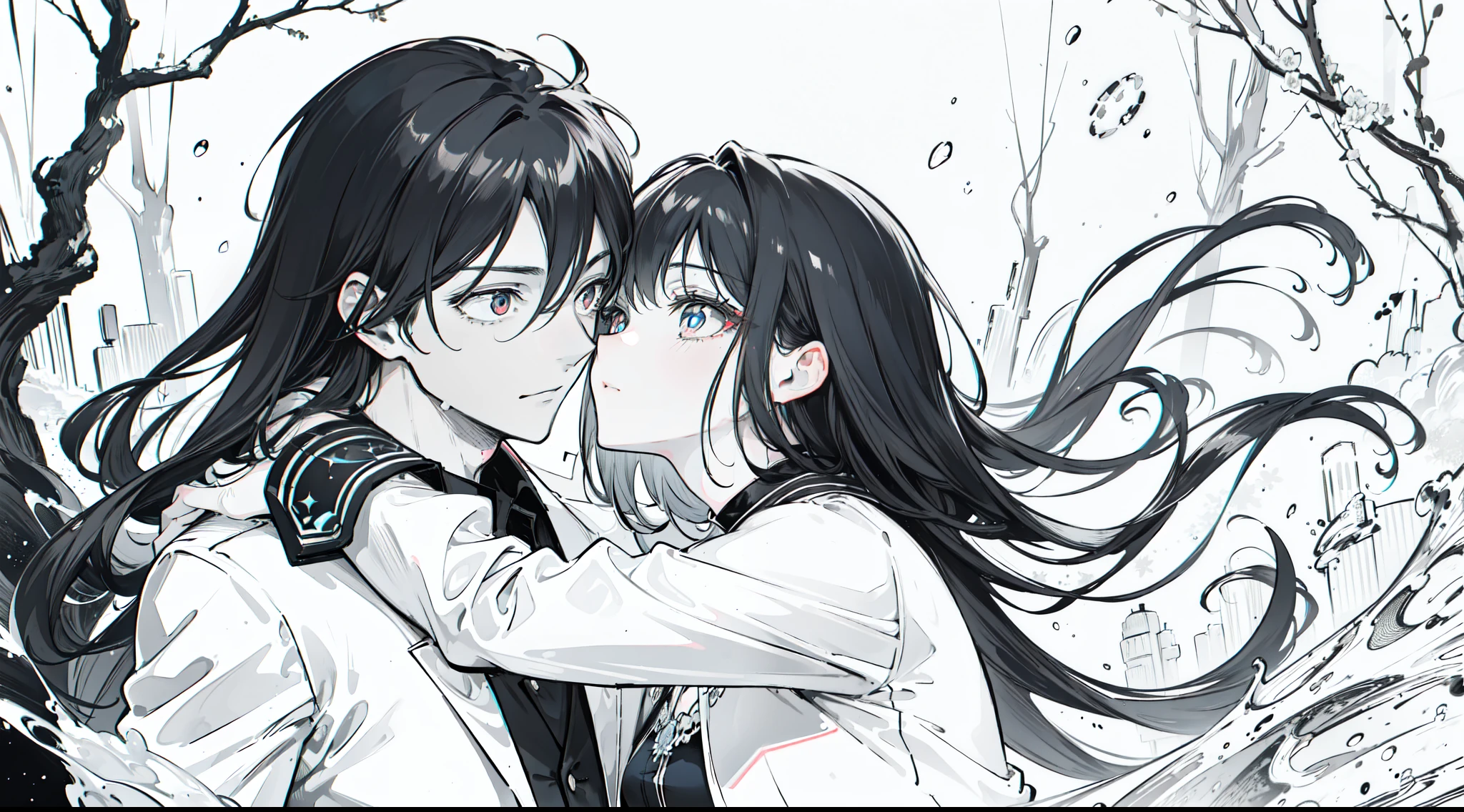 "4k monochromatic romantic fantasy scene: mature couple embracing tenderly. The man with black hair and blue eyes, and the woman with elegantly long black hair and mesmerizing red eyes. (Monochromatic:1:1, ultra hd, 4k)"