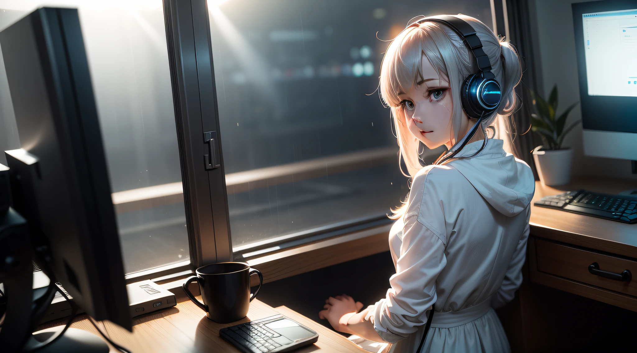 I want the background image of the computer desktop with 4K resolution,There is a character from a female anime,Look back at me,Bring headphones,Wearing a white dress,It was drizzling hazy all around,There was a beam of light in the sky,It reveals the beauty of tranquility,