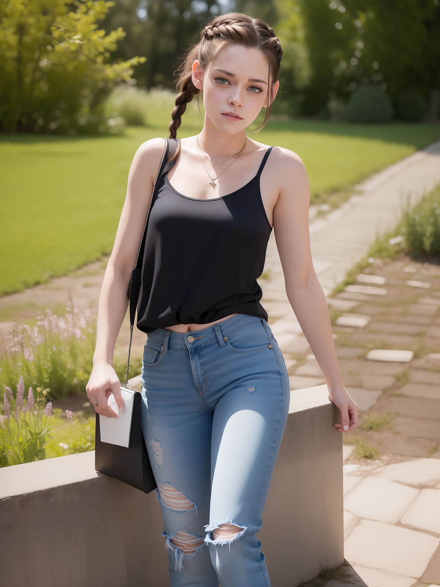 Kristen Stewart, portrait, Lovely face, pretty eyes, vampire teeth, jeans, white tank top, Braids, Spaltung, shy smile, offene Augen, award-winning photograph, best qulaity, full-body, Portrait 400, f2. 8, natural colors, detaillierte Texturen, natural lightting, Zeiss, ultra realistisch, Foto, best qulaity, Meisterwerk, Blickkontakt