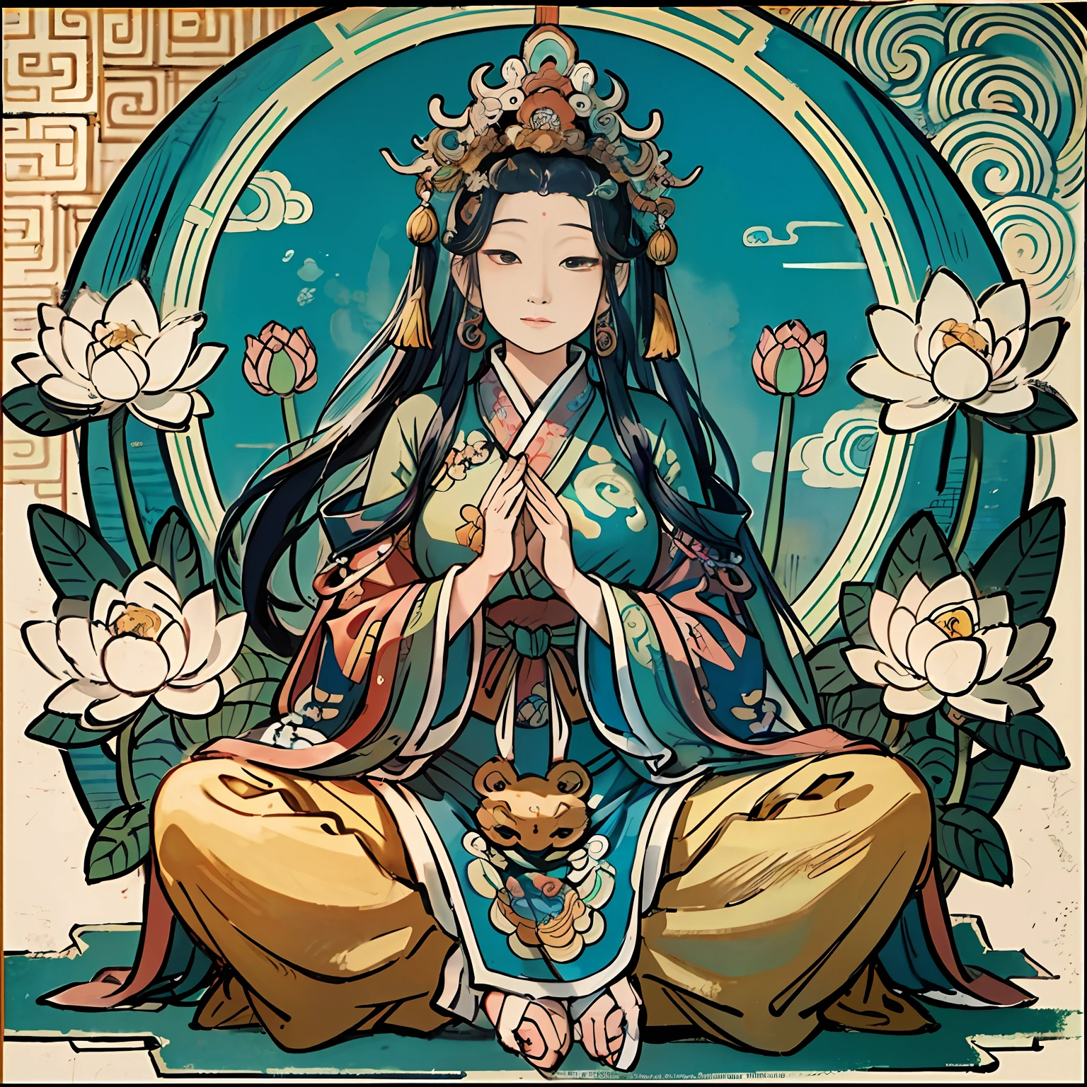an ancient Chinese goddess, guanyin of the southern seas, Guanyin, Inspired by India, Avalokiteshvara，,Serene expression,shui mo hua,Buddha,Buddhist,Lotus,Chinese painting style,Thangka style