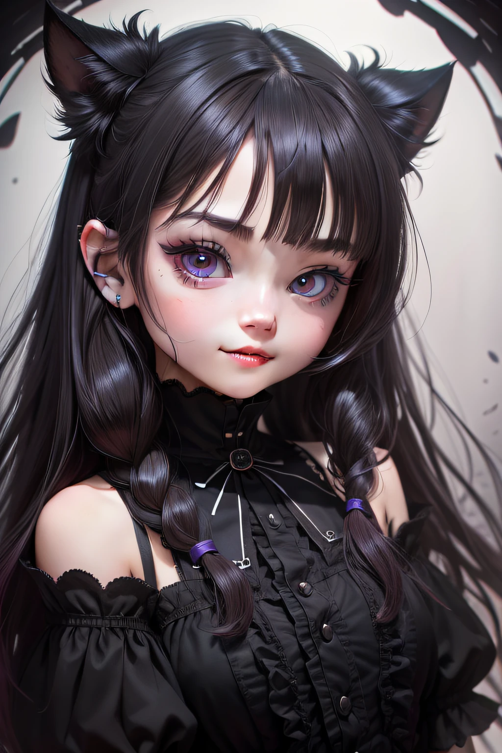 goth loli,brunette color hair、whair、wince、long eyelasher、Solid round eyes、fakeanimalears、Light smile、Ear blush、fang、ultra-realistic realism、shadowing、anaglyph、stereograms、Standing painting、pov、atmosphric perspective、8k、super detailing、precise, Best quality at best,
