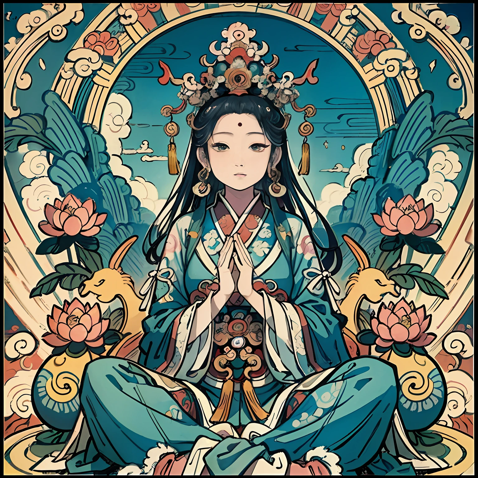 an ancient Chinese goddess, guanyin of the southern seas, Guanyin, Inspired by India, Avalokiteshvara,,Serene expression,shui mo hua,Buddha,Buddhist,Lotus,Chinese painting style,Thangka style