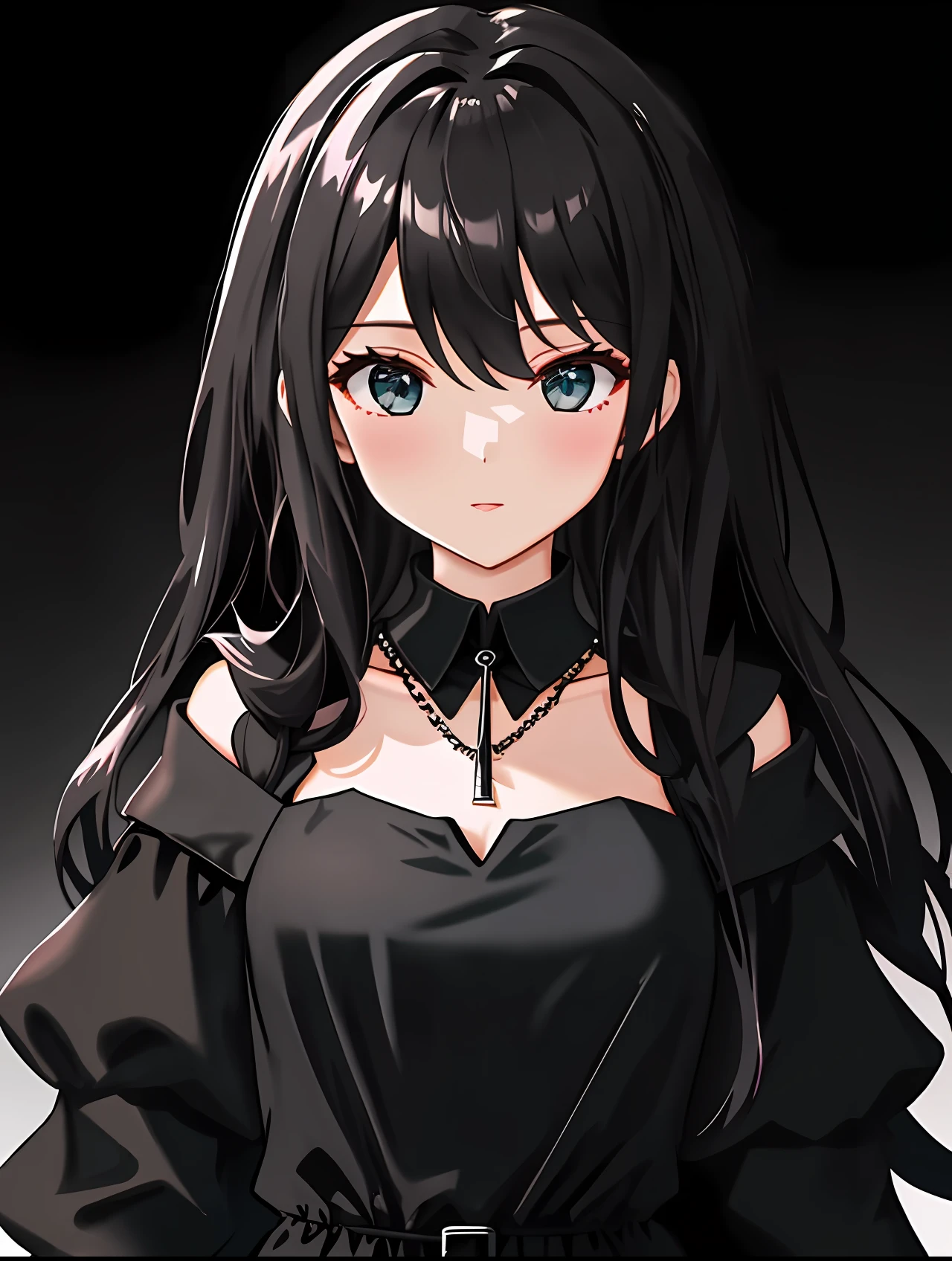 fully body photo,a close up of a woman wearing a black dress and a necklace, Sky - black dress, Light black, black color dress, Black silk dress, Dark, Black dress, Bandeau dress, Wear a black dress, fantasy style clothing, rococo ruffles dress, Light black, Dressed in black, trendy dress, trending at cgstation, Ice black dress, Satin
