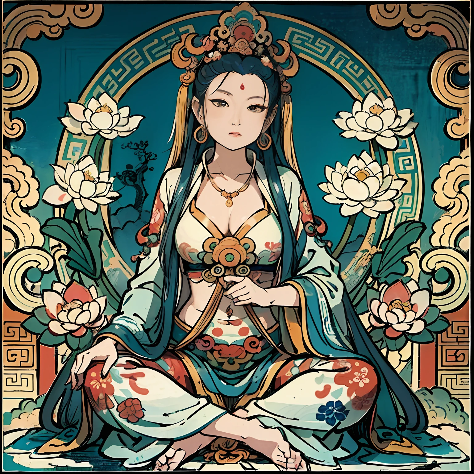 an ancient Chinese goddess, guanyin of the southern seas, Guanyin, Inspired by India, Avalokiteshvara,,Serene expression,shui mo hua,Buddha,Buddhist,Lotus,Chinese painting style,Thangka style