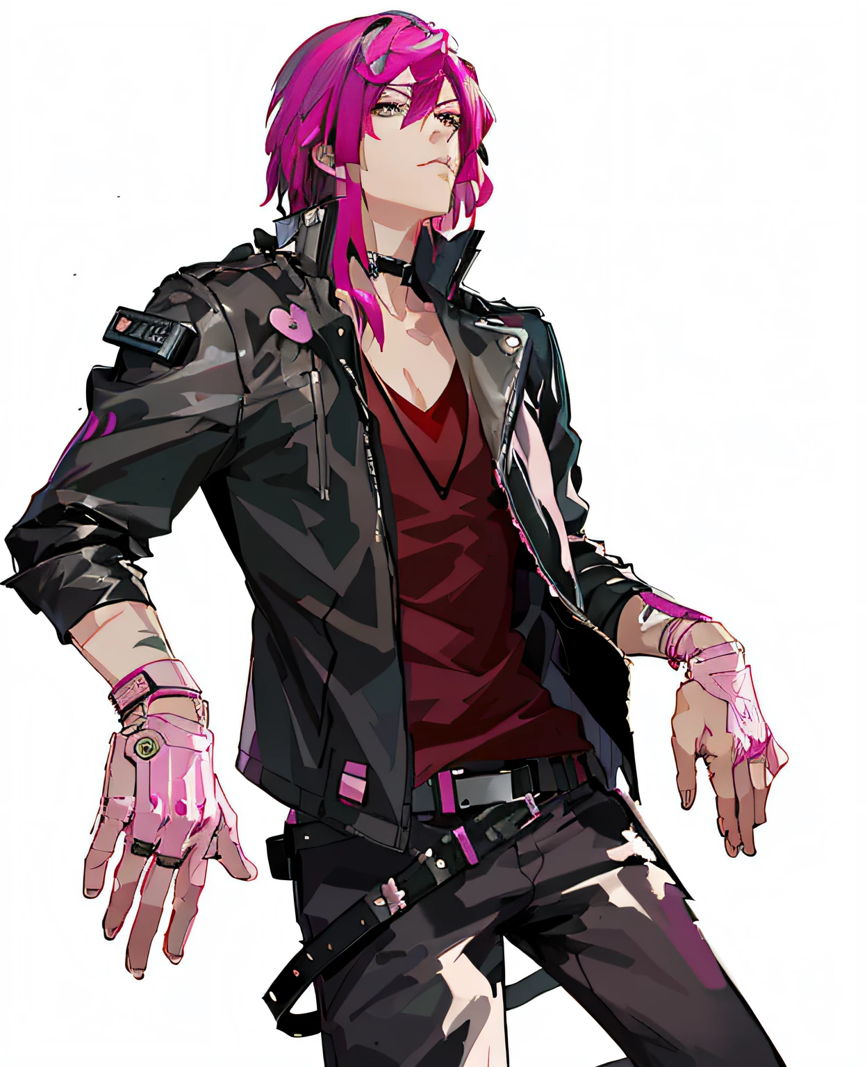 Anime - a stylish image of a man with pink hair and a leather jacket, male anime character, Handsome anime pose, official character art, Anime cyberpunk moderno, detailed anime character art, trigger anime artstyle, with pink hair, Digital cyberpunk anime art, cyberpunk character art, Cyberpunk dude