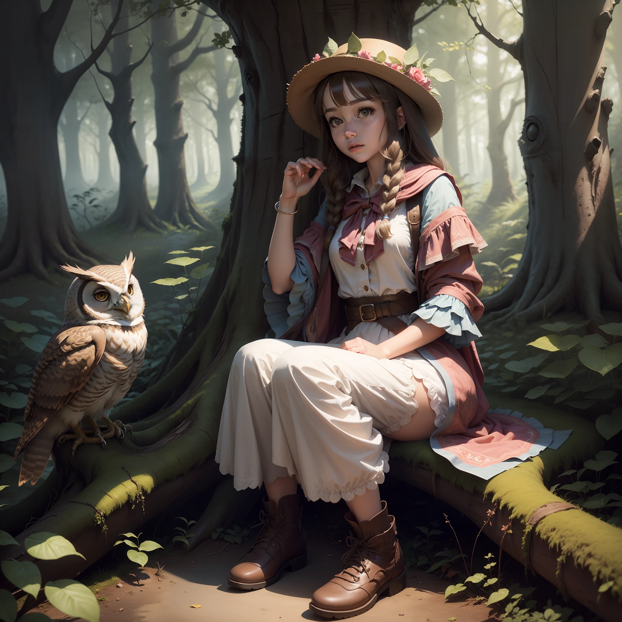the girl talks to the wise owl in the enchanted forest