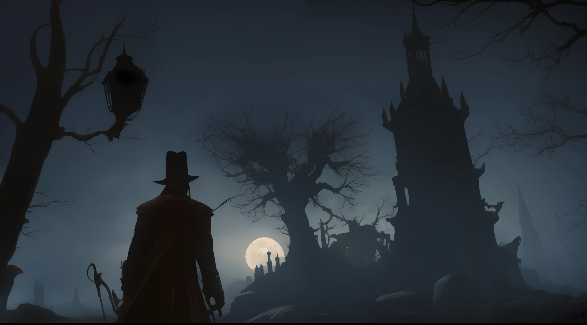 bloodborne style，Gothic horror art，Hunter characters，Nightmare cityscape，Eldridge Bio，Moonshine environment，Victorian fantasy，Dynamic perspective，over the shoulder view，Moonlight silhouette，Spooky landscape，low  angle shot，creepy atmosphera，closeup detailed，Nightmarish scene，Old Yanan