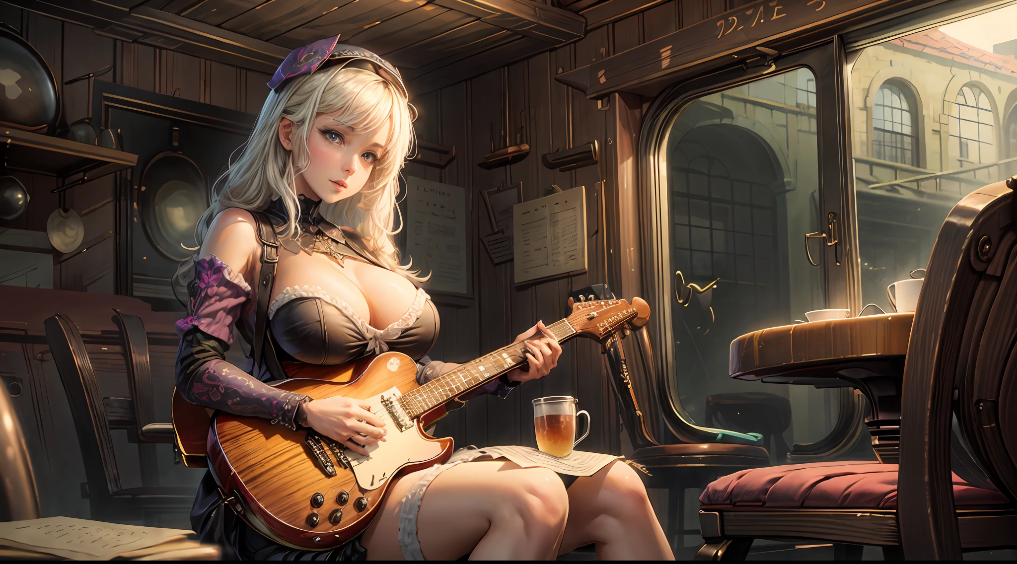 1 sleeve, with large breasts, guitar body, (inside the plane)