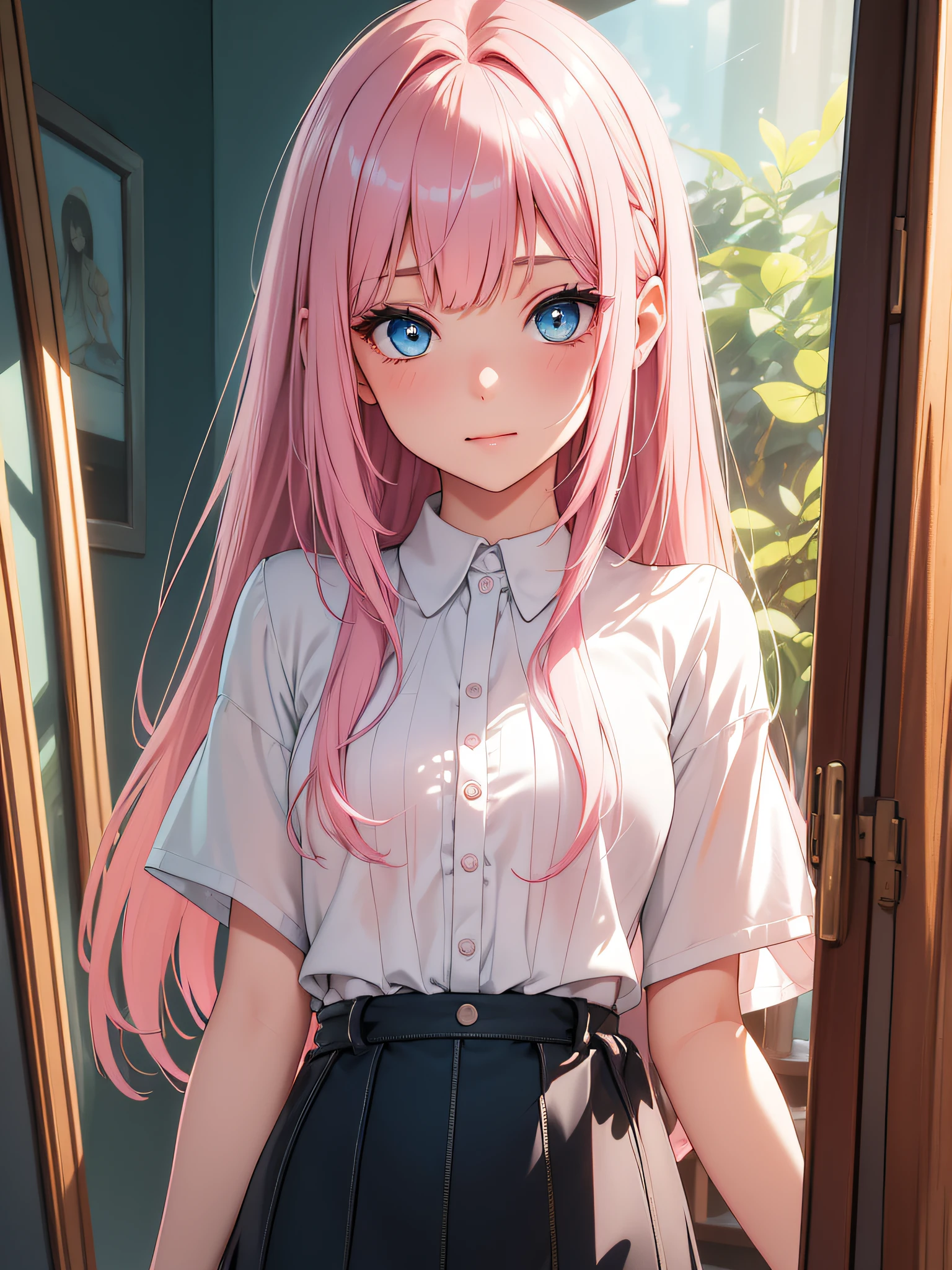 Top quality ultra-detailed CG art、Upper body naked、pupils on：１.２）Pink head、Glossy hair、smooth hair、large blue eyes,Mid summer、Delicate body、cheerful girl、Tying hair、、bob cuts、vertical stripes、Art Room、Painting、student clothes、shortsleeves、a miniskirt、