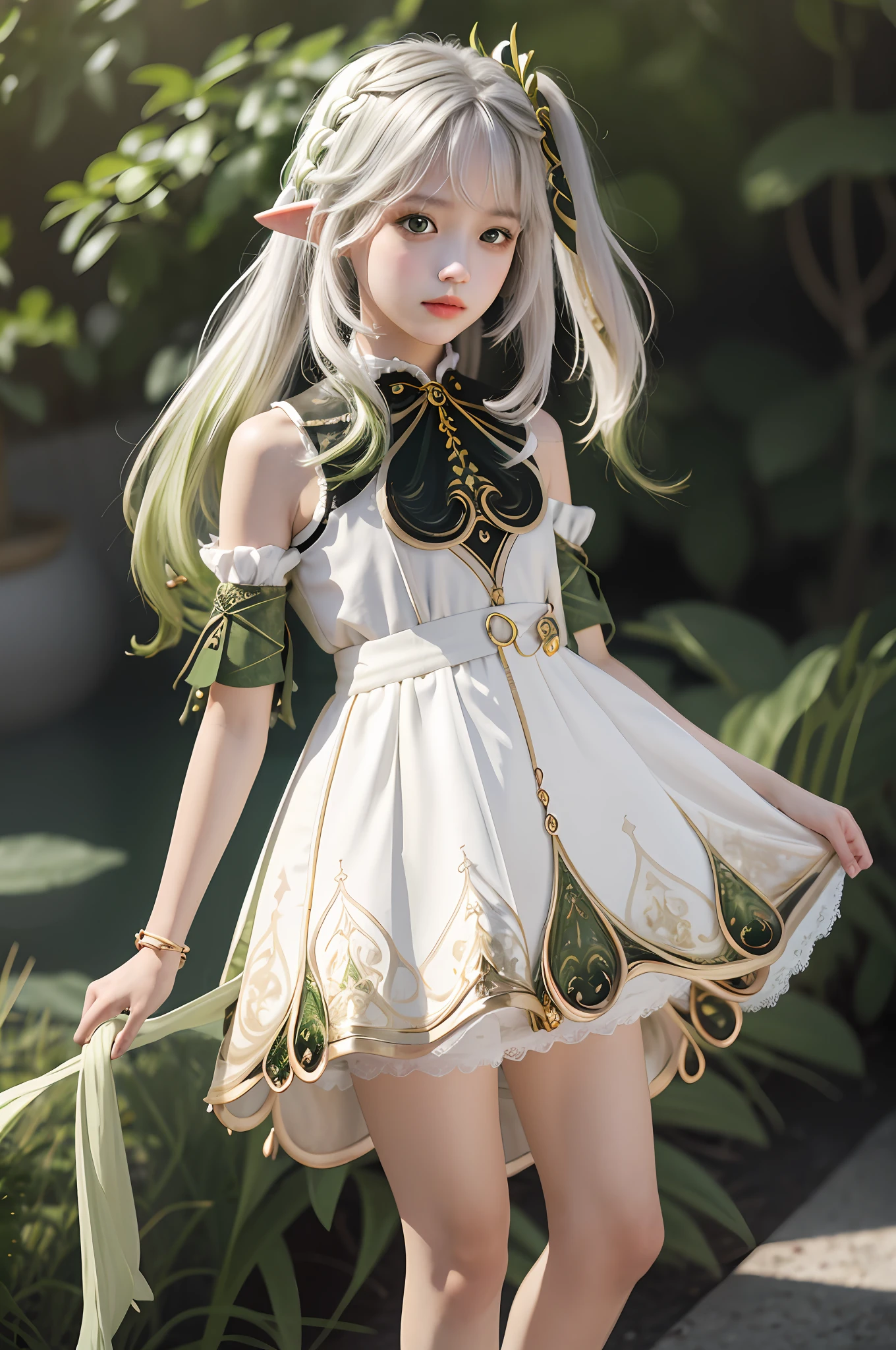 Slim hands,The delicate hands are extremely delicate and beautiful:1.2),1girll, Top masterpieces,Hot details,Super fine details,Dynamic standing painting,standing on your feet,full bodyesbian,By bangs,, Bow knot, seen from the front, Hair Bow, light particules, longer sleeves, looking at viewert,独奏,white dresses,Gold pattern,Black pattern,The skirt has a gold pattern,The skirt has a dark green pattern