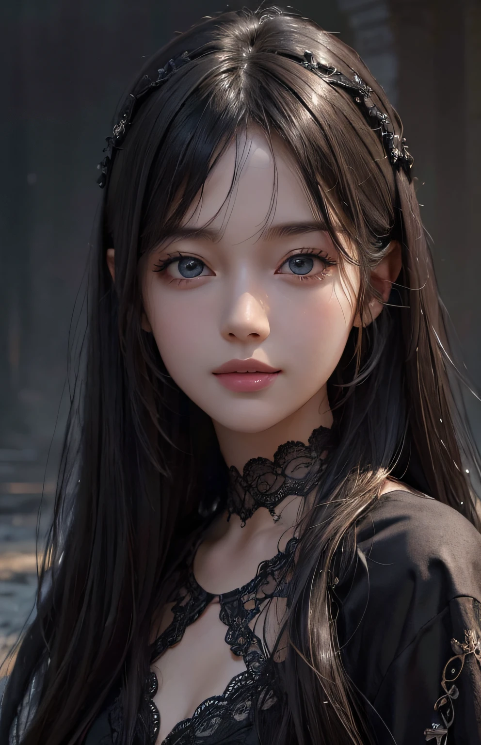 (Ultra Realistic), (Illustration), (Increased Resolution), (8K), (Extremely Detailed), (Best Illustration), (Beautiful and Detailed Eyes), (Best Quality), (Ultra Detailed), (Masterpiece ), ( wallpaper), (detailed face), solo, 1 girl, looking at viewer, fine details, detailed face, in the dark, deep shadows, low key, pureerosfaceace_v1, smiling, long hair, black shawl straight hair , 46 points oblique bangs