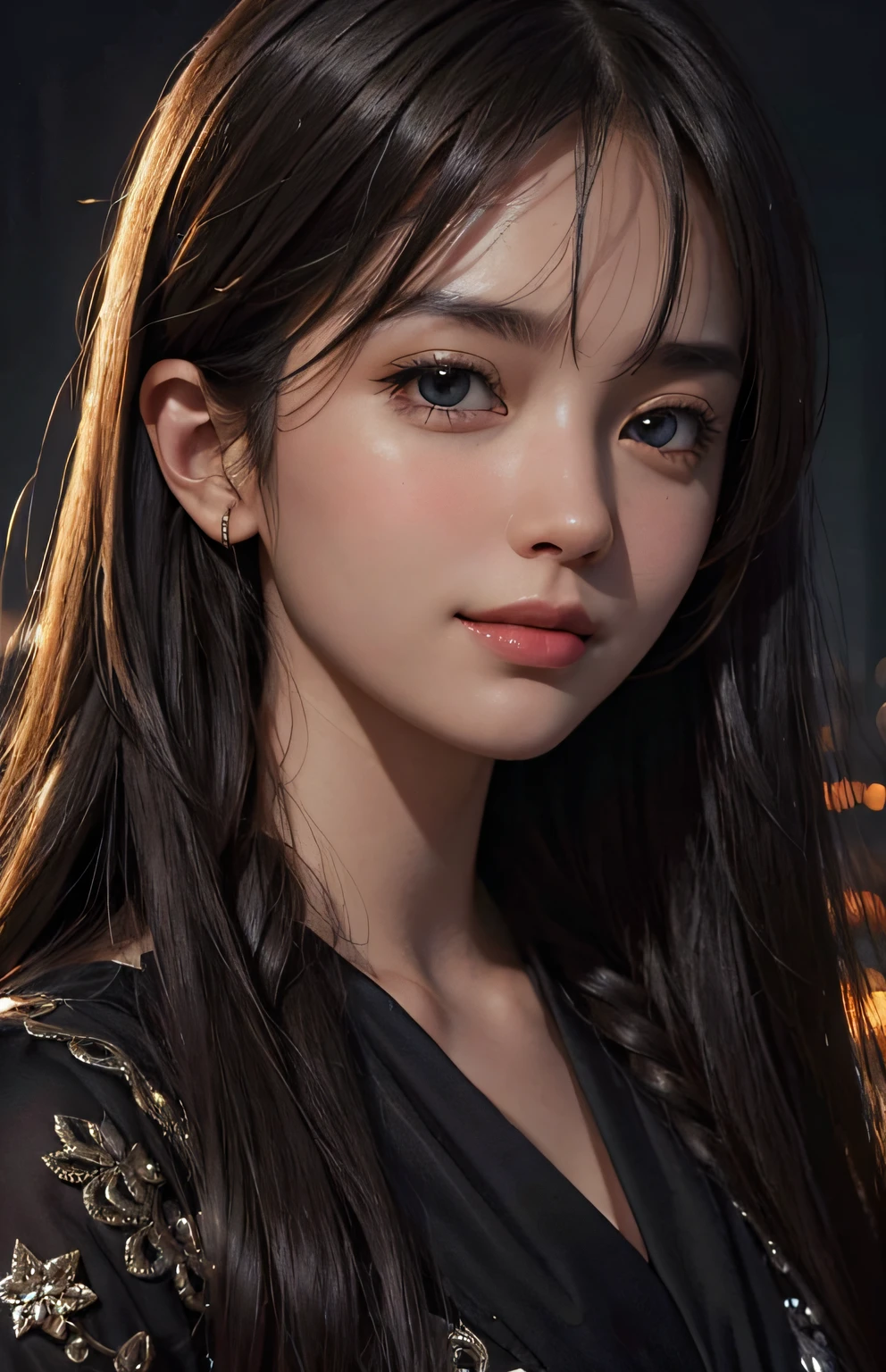 (Ultra Realistic), (Illustration), (Increased Resolution), (8K), (Extremely Detailed), (Best Illustration), (Beautiful and Detailed Eyes), (Best Quality), (Ultra Detailed), (Masterpiece ), ( wallpaper), (detailed face), solo, 1 girl, looking at viewer, fine details, detailed face, in the dark, deep shadows, low key, pureerosfaceace_v1, smiling, long hair, black shawl straight hair , 46 points oblique bangs