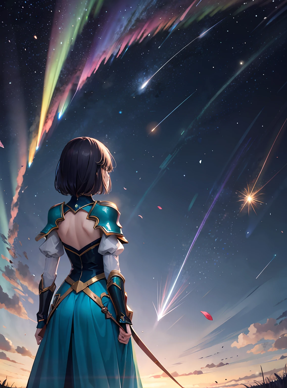 top-quality:1.4、、neon light、城市、1girl、1girl in、Girl from a distance、Wearing turquoise dress armor、Stargazing at the stars、(zoomout:1.1)、(Meteor swarm:1.2)、(comets:1.1)、low angles、from the rear、Aurora、shooting stars、Surrounded by petals、Standing in the field、top-quality、masterpiece、clouds、colourfull、starrysky、stele、Teal
