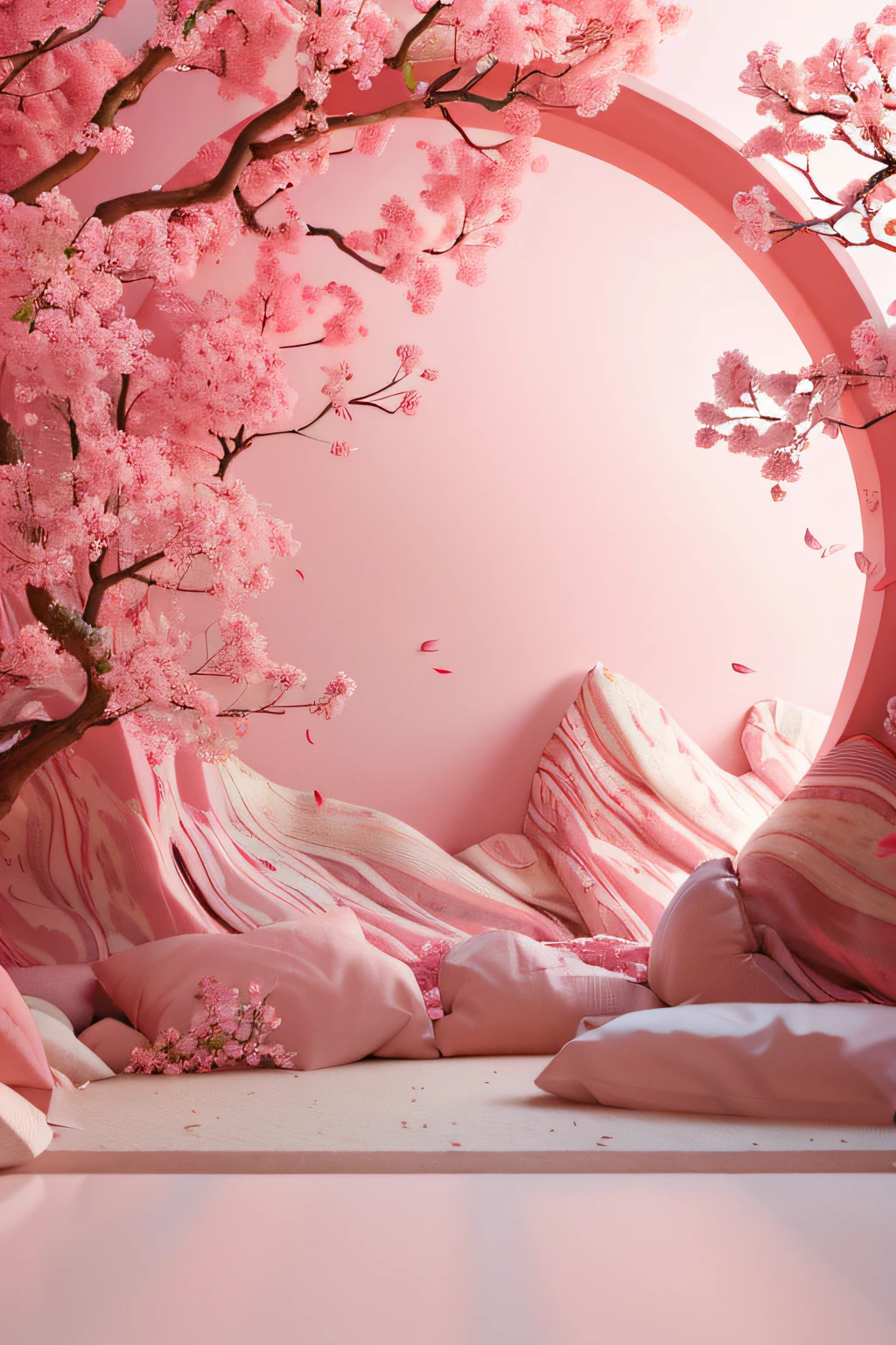 There is a pink tree in the pink room,pink flowers that, pink landscape, pink zen style, flowing sakura-colored silk, Cherry blossom forest, flowing sakura silk, Pink Forest, Lush cherry blossom trees, the cherry trees, lush sakura, sakura season, pink trees, japonisme 3 d 8 k ultra detailed, the walls are pink, Cherry blossom trees