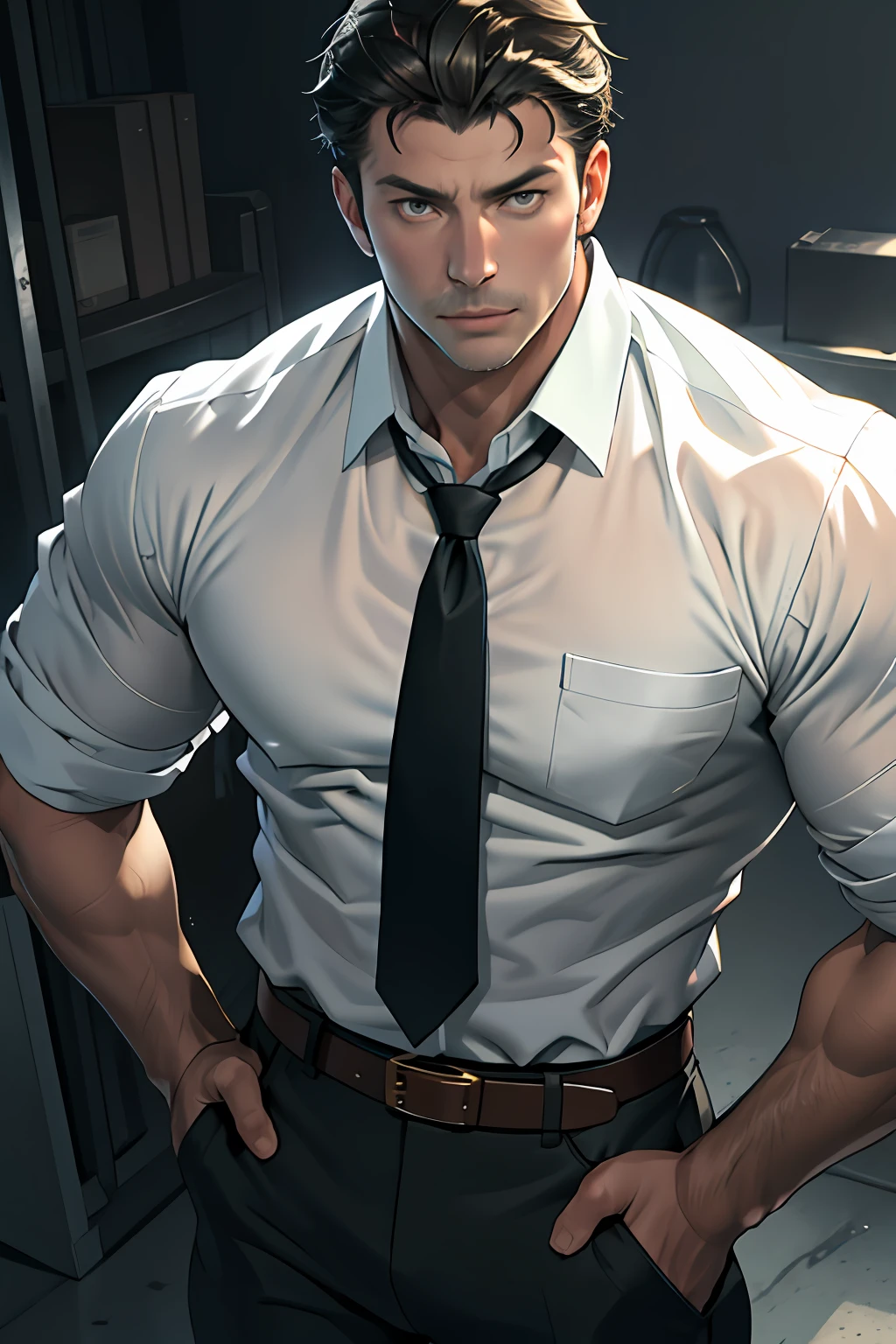 tmasterpiece，best qualityer，illustratio，Realisticstyle，photo realistic style，detail in face，offcial art，Movie lighting，1male people，in a white shirt，Wear a tie，wearing leather belt，are standing，Close-up of the crotch，Crotch view，Drenched，Get wet， Solo ，Handsome，virile，Handsome face，[[[［musculature］，Short hair，Gold eyes，looking at viewert