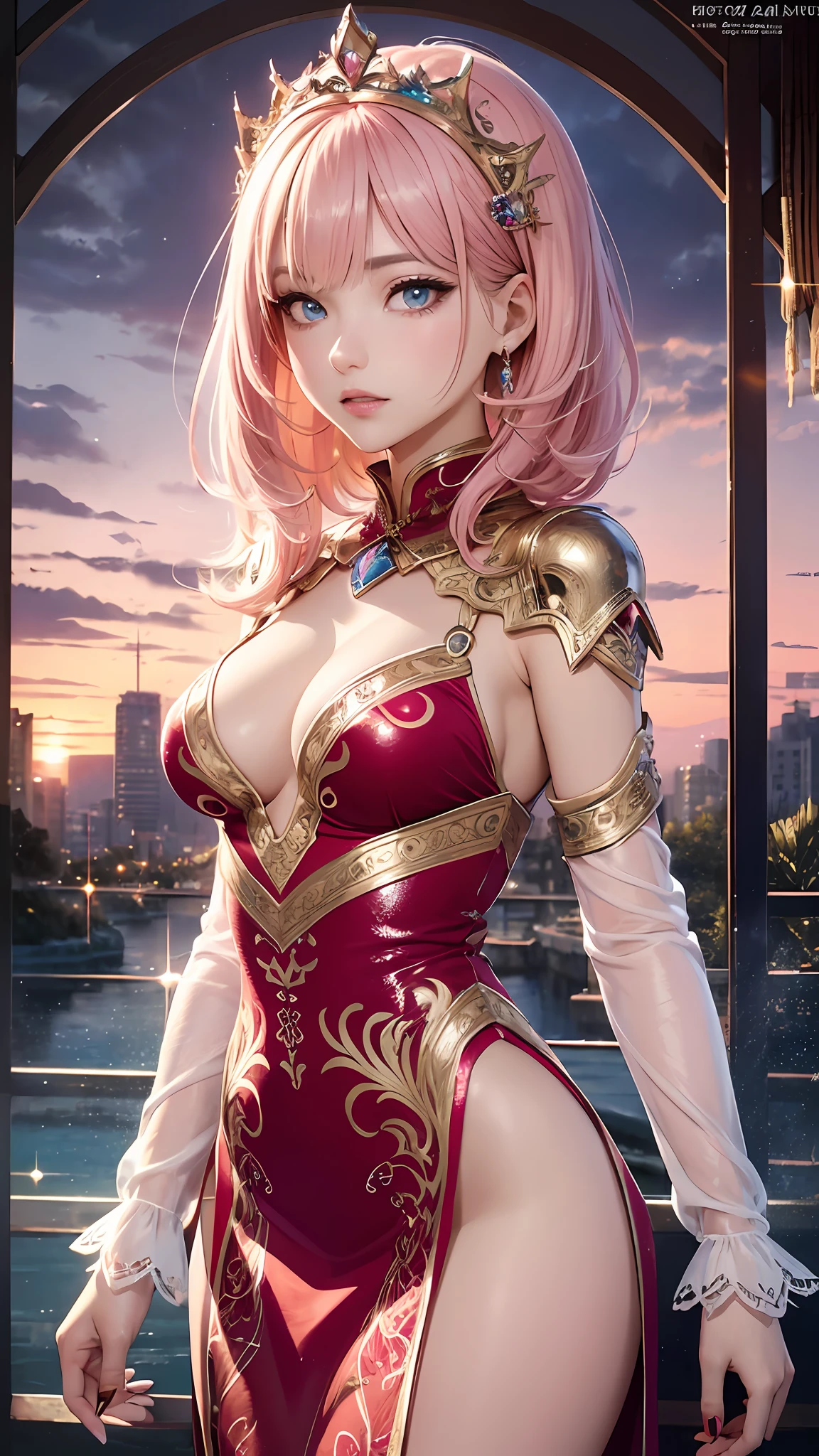 Realistic, Hyper Detail, Girls Only, Layered Bob, Dynamic Lighting, ((Bold imaginative pose)), (Glossy skin: 1.5), Masterpiece, Top Quality, Absurdity, Watching Viewer, (gradient hair color,Blonde to pink Hair), deep Purple Clear Eyes,((Beautiful, detailed eyes, jewel-like eyes, colorful eyes, sparkling eyes:1.3)), Slender, High Resolution, Sharp Focus, Depth of Field, Detail Eyes, Sharp Eyes, (Realistic Eyes)), outdoors, sunrise sky, (attractive delicate design river trimmed lace dress, (intricately patterned oriental sexy armor wearing): 1.3))