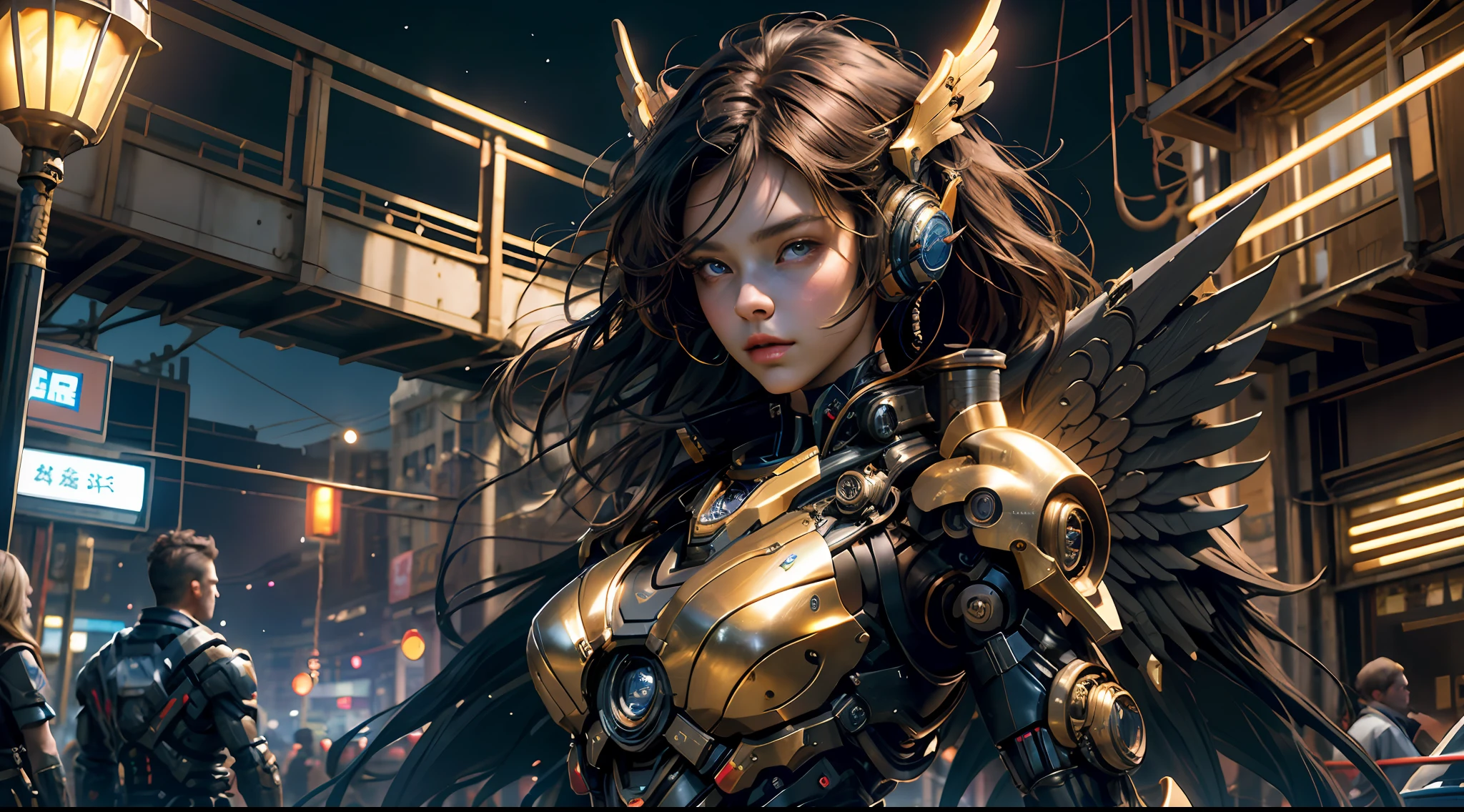 tmasterpiece，top-quality，best qualityer，offcial art，Beauty and aesthetics：1.2），（tmasterpiece：1.3）， （8K， realisticlying， RAW photos， best qualtiy： 1.4）， beauitful face， （photorealiscic face），超高分辨率， Ultra photo realsisim， highly  detailed， the golden ratio， （Award-winning digital artwork：1.3） af （sketching：1.3），（with dynamism：1.3），（Saturation：1.3），（Close portrait：1.3），illusory engine， (High detail: 1.9)，（femele：1.4），（big breasts beautiful： 1.4),(carismatic:1.3)，Girl in futuristic suit holding weapon，In front of the city of gunsmoke，Gunsmoke Street，battlefiled， Real women，Real face，cute female child， The perfect cyborg girl，Wearing sci-fi headphones， Beautiful female ，beautiful girl cyborg，silber hair，robotic hand，CG，4K,dramatics，Large breasts，the night，Mechanical wings，cyber punk perssonage，（large wings：1.8），