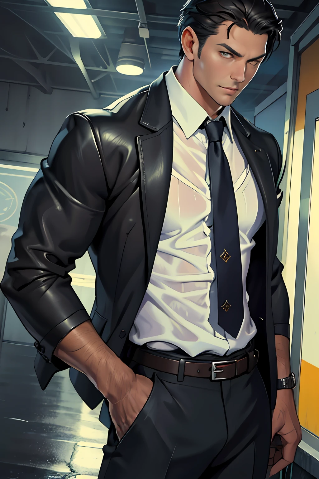 tmasterpiece，best qualityer，illustratio，Realisticstyle，photo realistic style，detail in face，offcial art，Movie lighting，1male people，in a white shirt，Wear a tie，wearing leather belt，are standing，Close-up of the crotch，Crotch view，Drenched，Get wet， Solo ，Handsome，virile，Handsome face，[[[［musculature］，Short hair，Gold eyes，looking at viewert