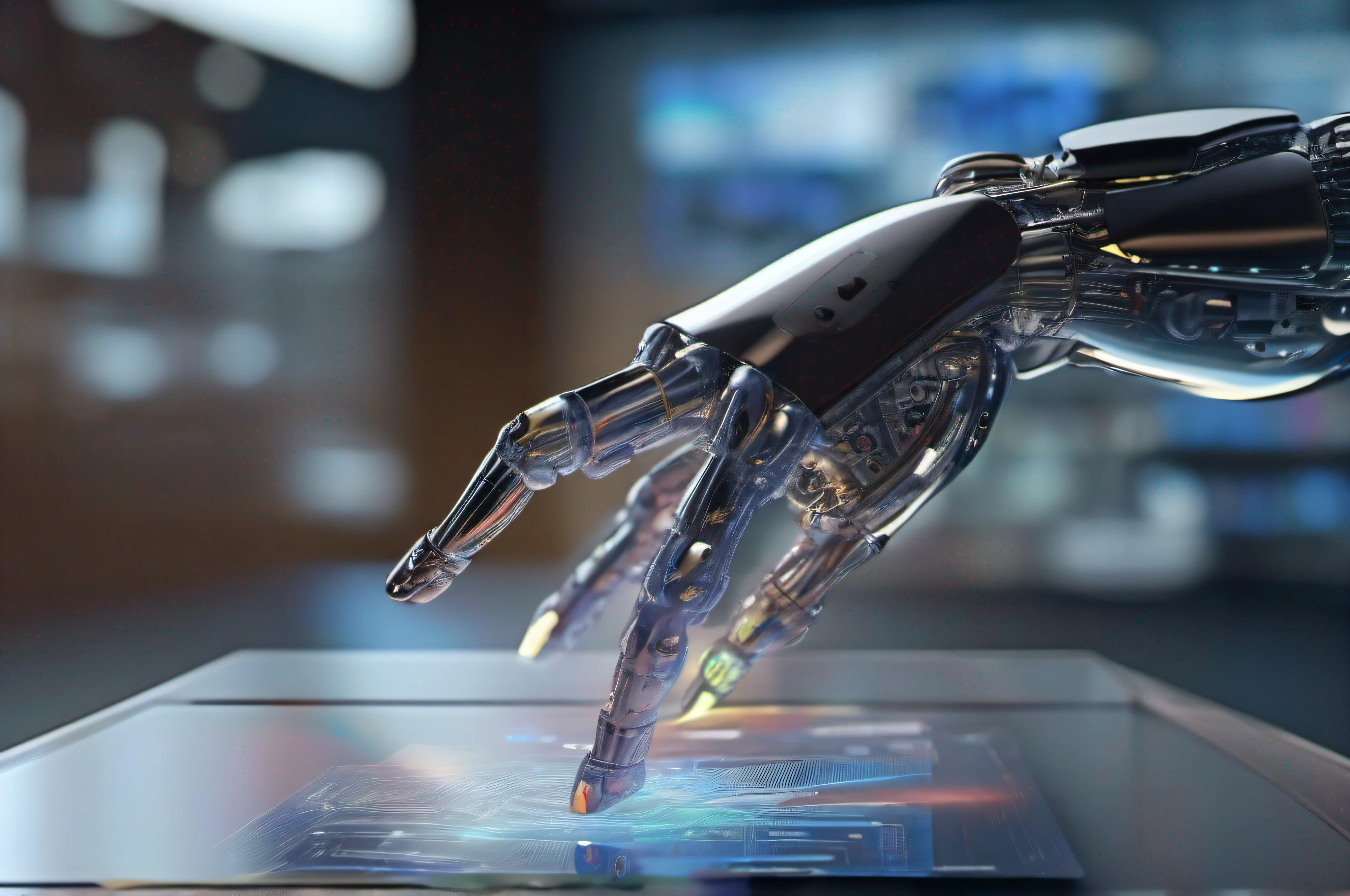 The robot touches the computer's huge transparent holographic display with its finger, superfine, 8K,   k hd, Depth of field, Nikon D850, Ultra-realistic, no contrast, sharp and clear focus, professional, No blurring