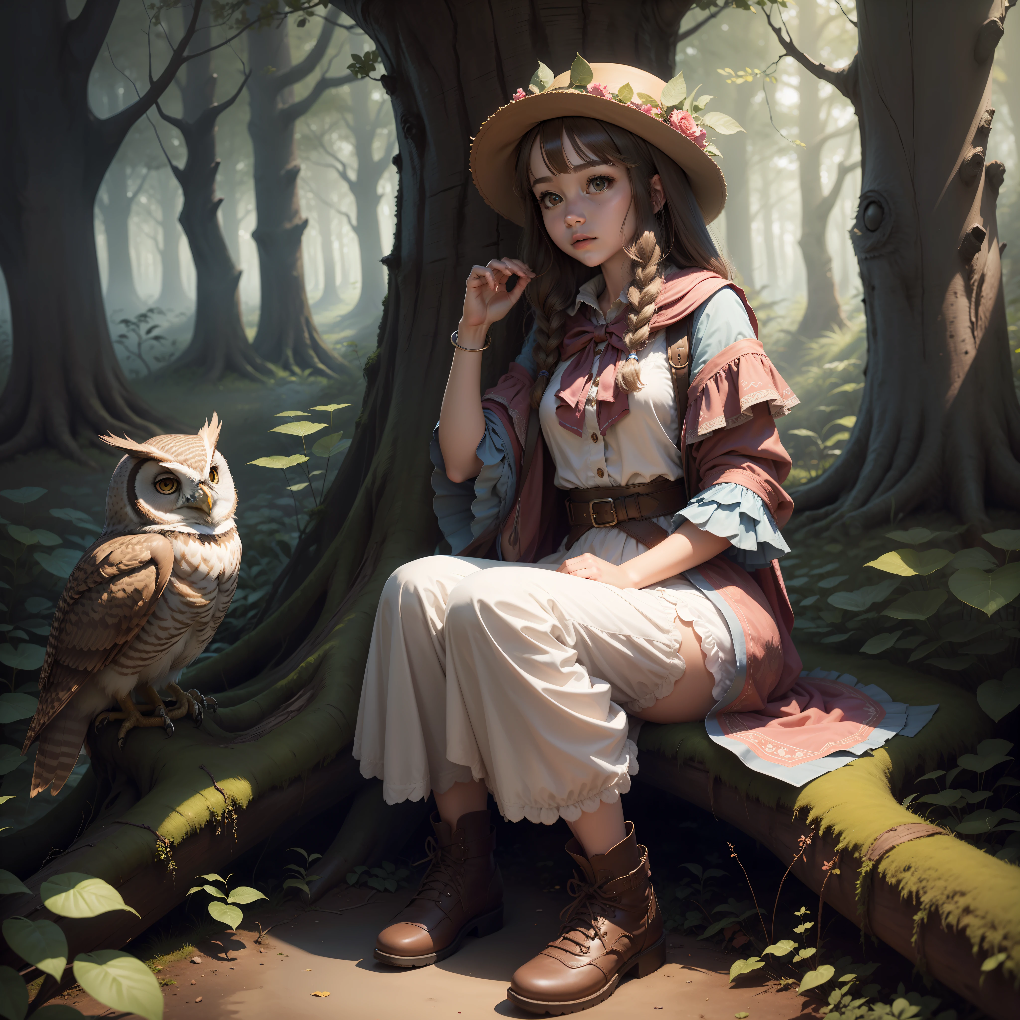 the girl talks to the wise owl in the enchanted forest