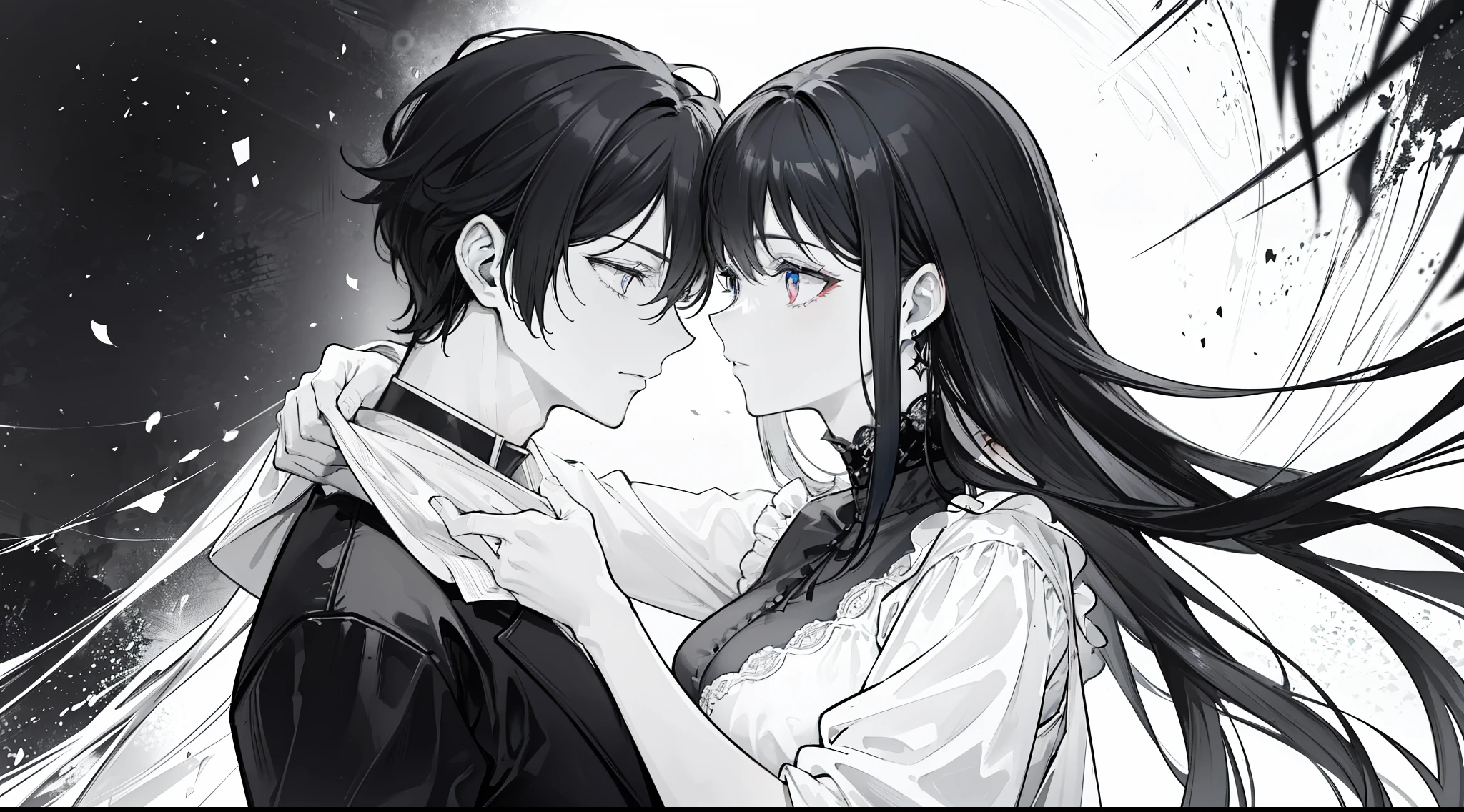 "4k monochromatic romantic fantasy scene: mature couple embracing tenderly. The man with black hair and blue eyes, and the woman with elegantly long black hair and mesmerizing red eyes. (Monochromatic:1:1, ultra hd, 4k)"